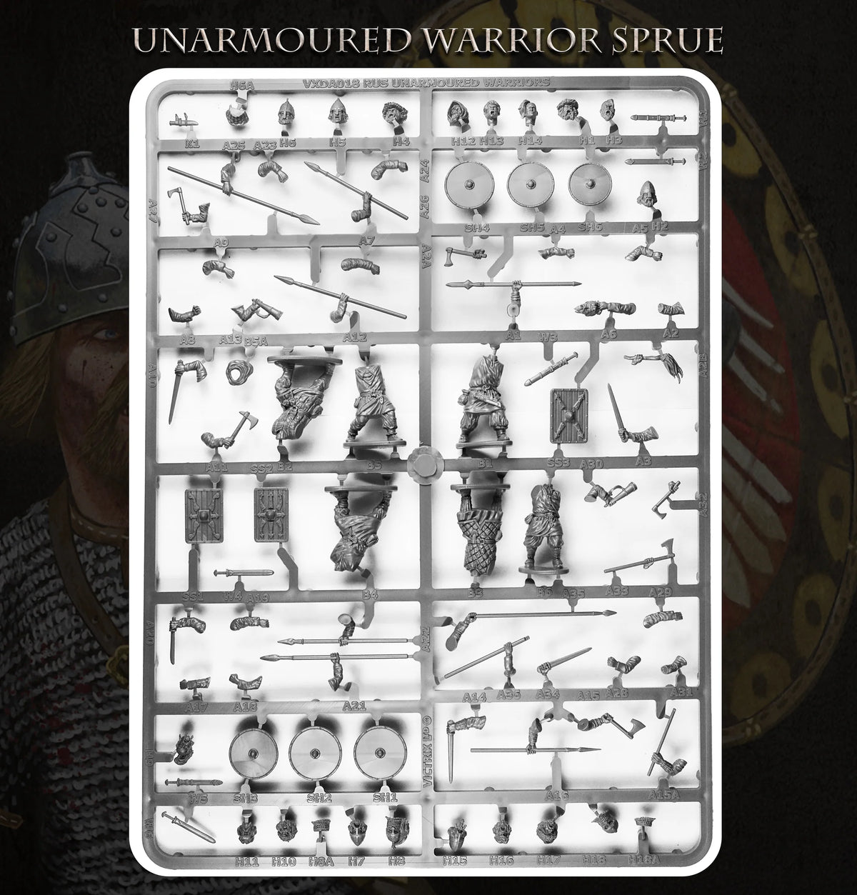 Gray plastic sprue layout showing Victrix 28mm Rus unarmored warrior bodies spears axes and rectangular shields 