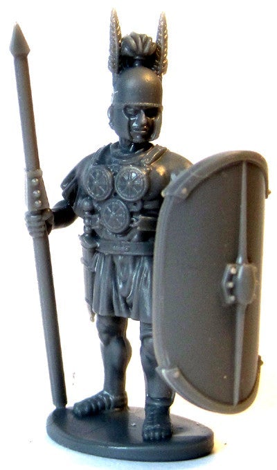Unpainted gray plastic Victrix 28mm Italian allied legionary wearing triple-disc pectoral armor and feathered helmet
