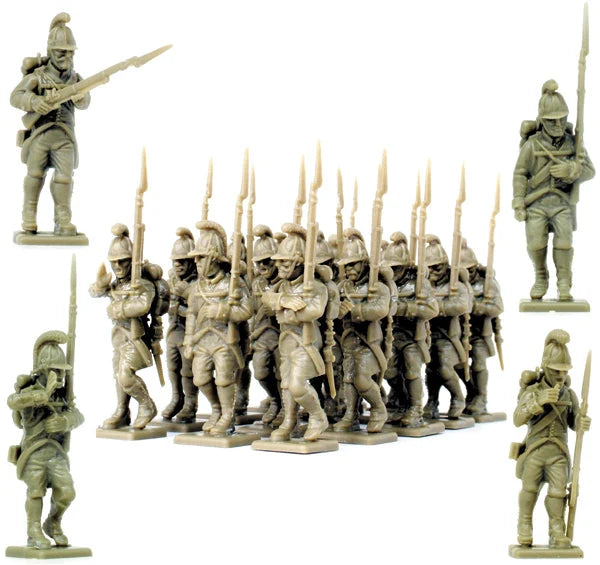 Unpainted gray plastic Victrix 28mm Austrian infantry figures assembled in marching rank and file