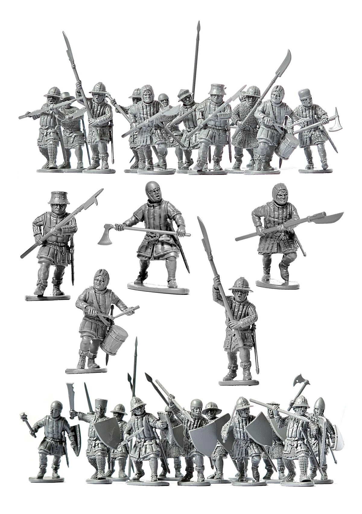 Overview of assembled unpainted gray plastic Victrix 28mm medieval foot sergeants showing polearms axes and shields 