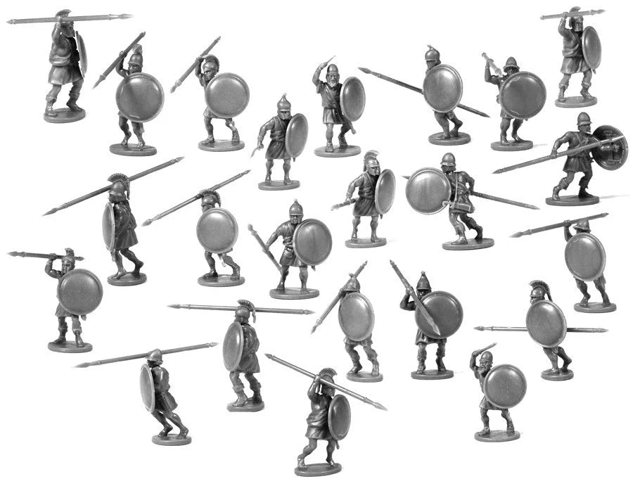Twenty assembled unpainted gray plastic Victrix 28mm Greek unarmoured hoplites in dynamic spearing poses