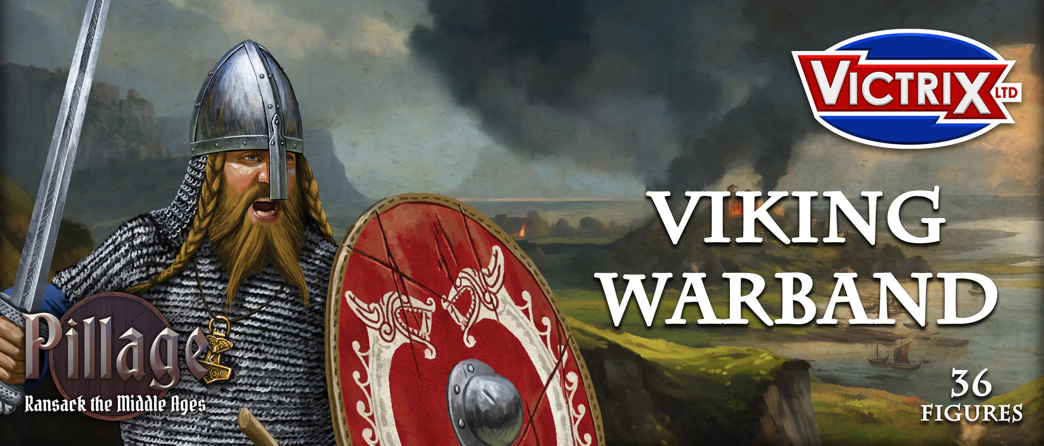 Victrix Limited 28mm Viking Warband header card art showing Viking warrior with shield