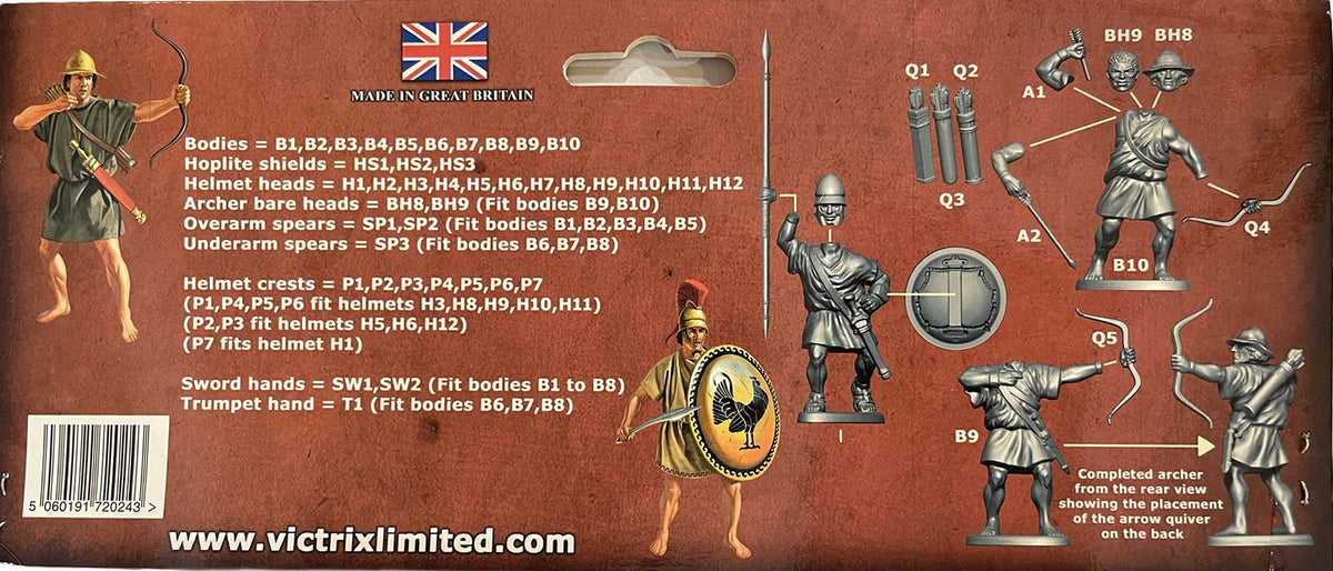 Back of retail header card showing assembly guide and part numbers for unarmoured hoplites and archers