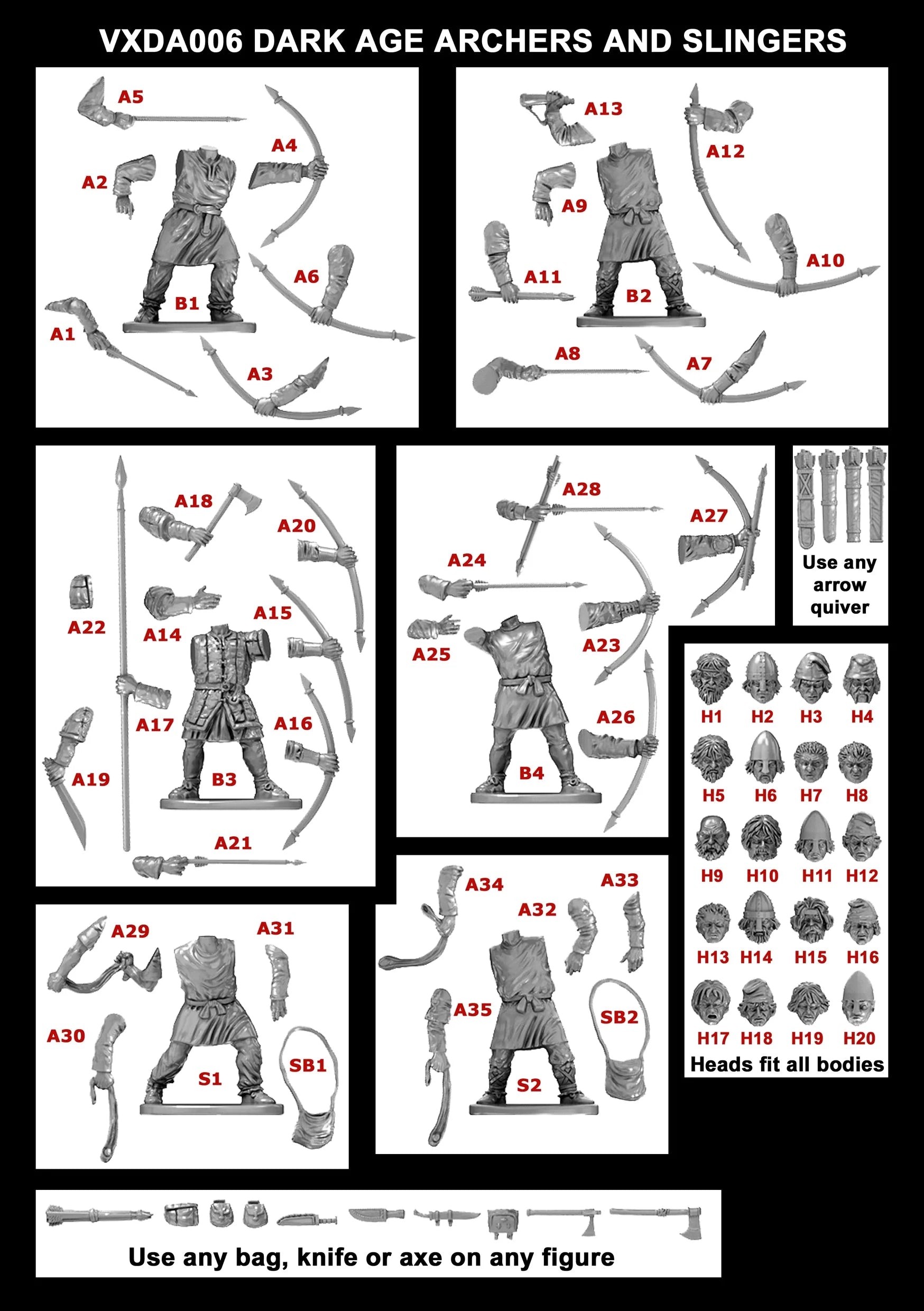 Detailed parts sheet and assembly guide for Victrix Dark Age Archers & Slingers