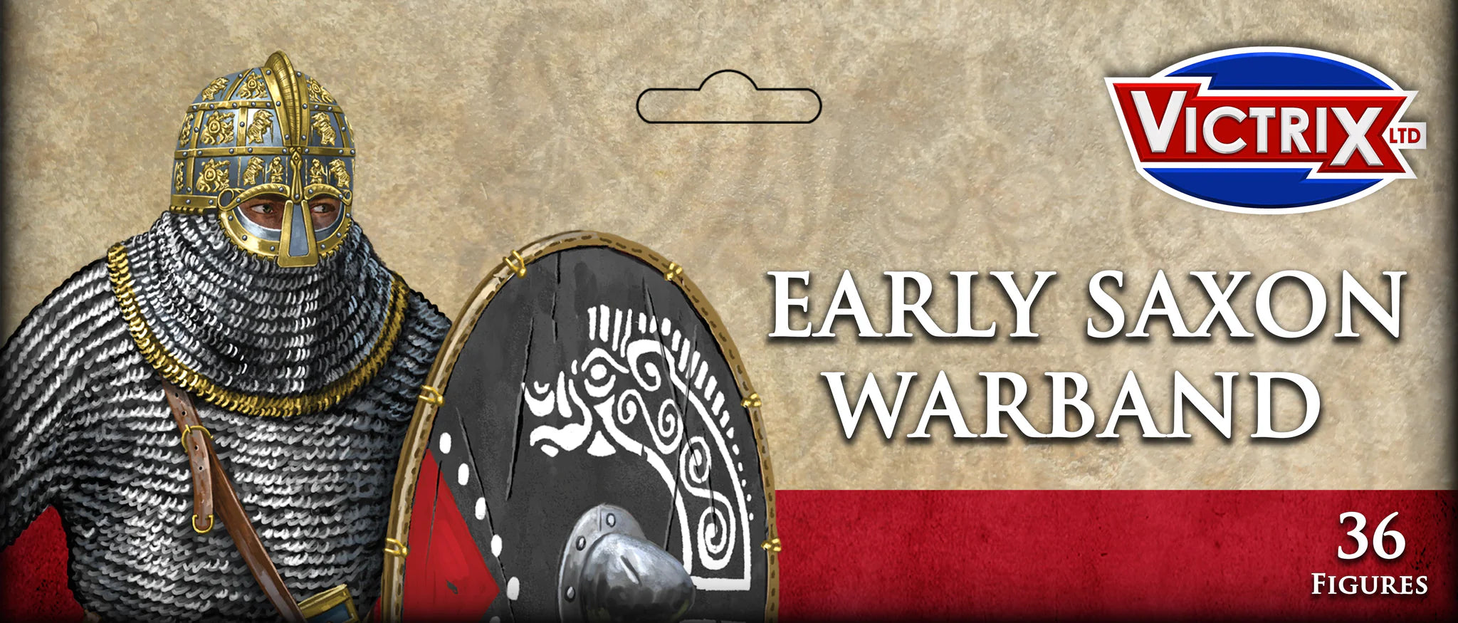 Victrix Limited 28mm Early Saxon Warband cardstock header art showing warrior with ornate helmet