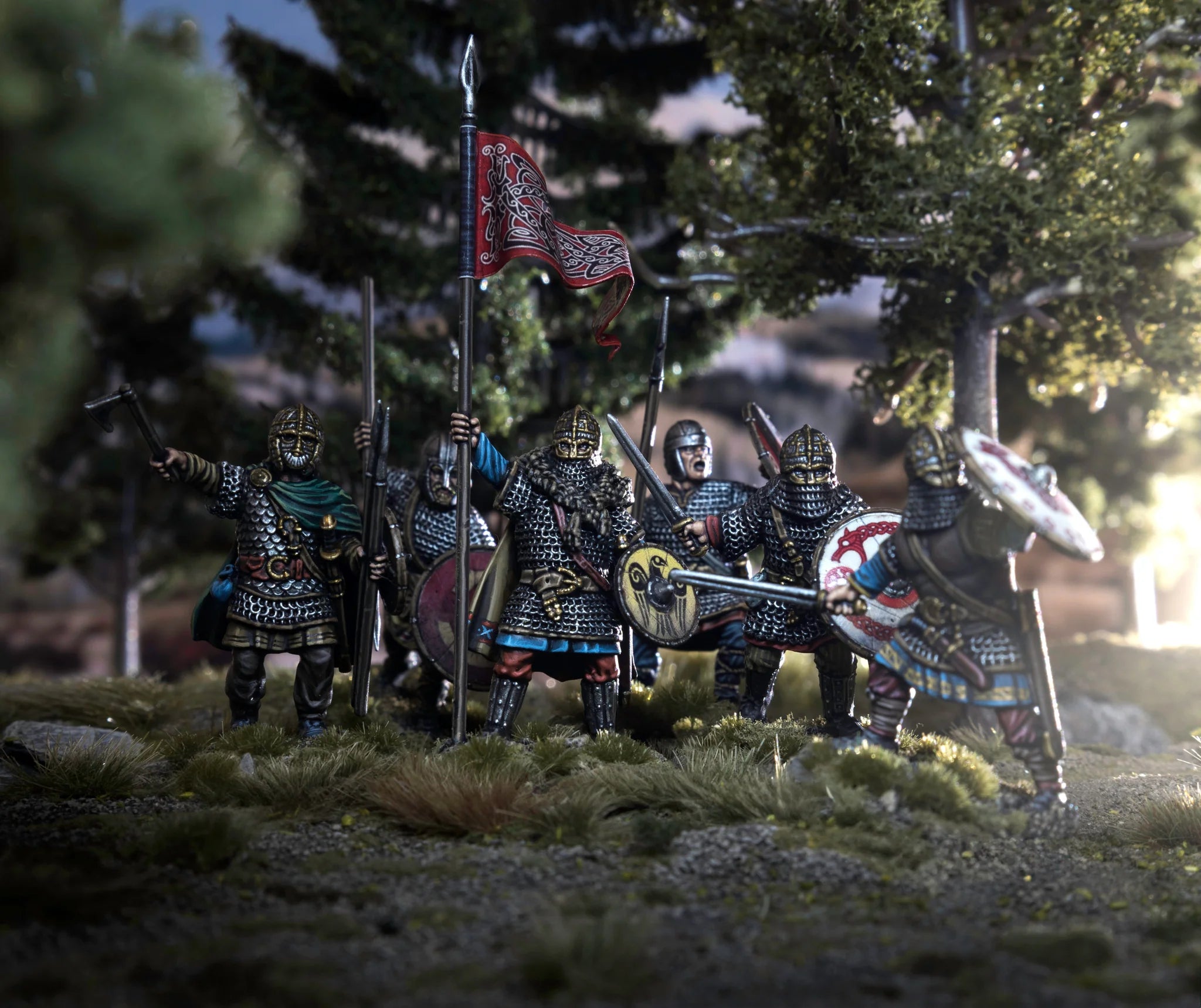 Detailed view of painted Victrix 28mm Early Saxon Armoured warriors with shields and spears
