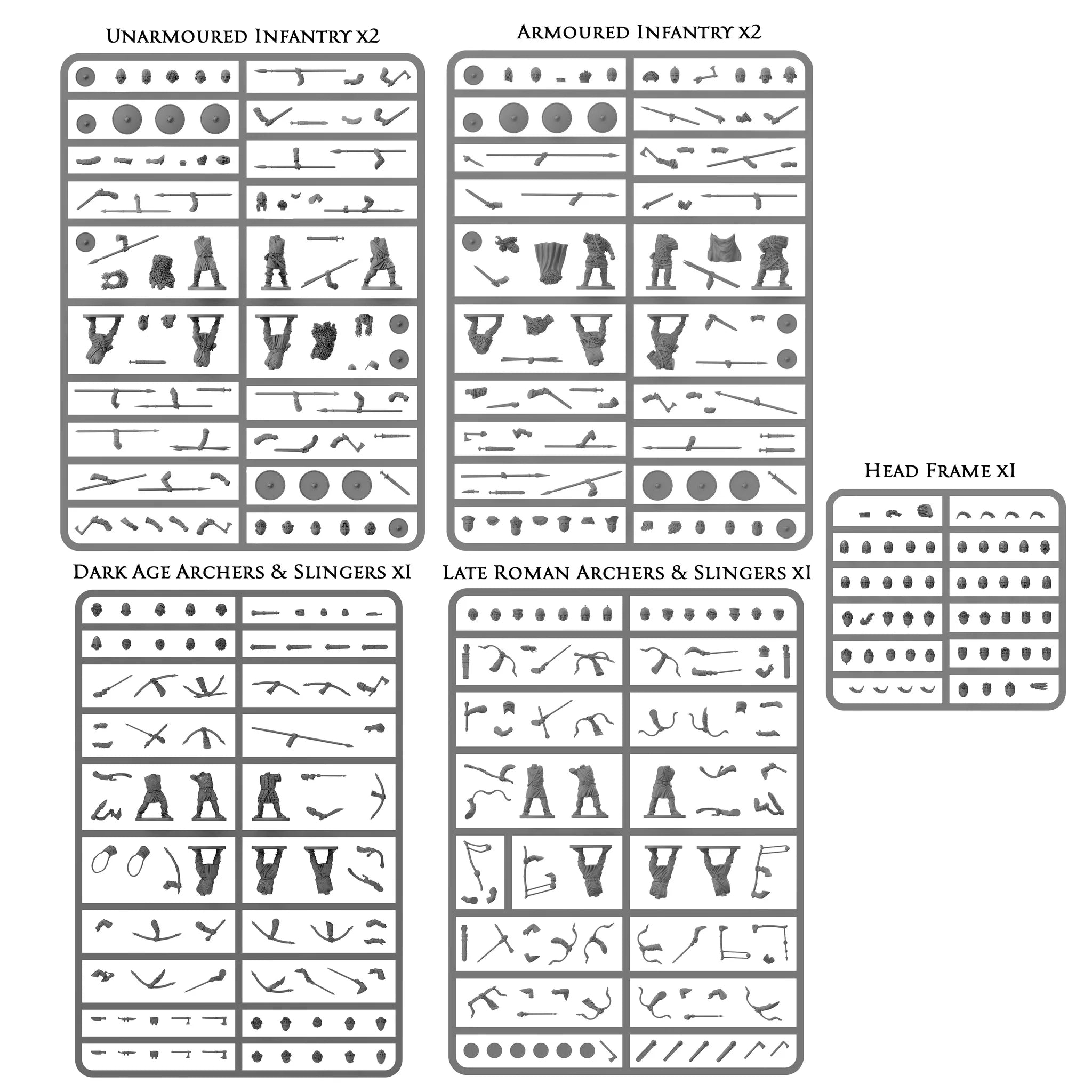 Full set of 7 plastic sprues included in the Victrix Early Saxon Warband set