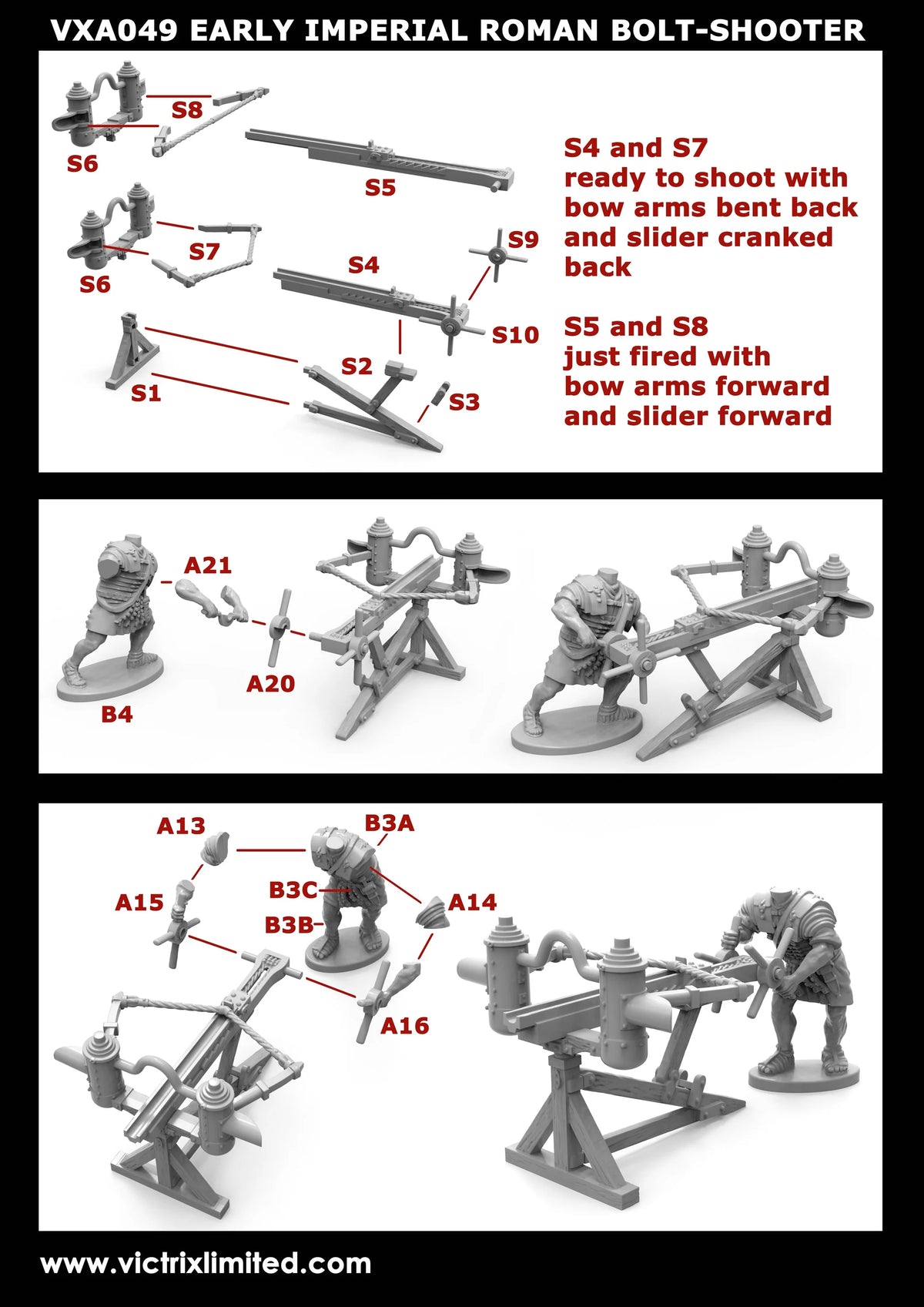 Step-by-step assembly instructions sheet for Victrix 28mm Imperial Roman bolt shooter engine and crew 