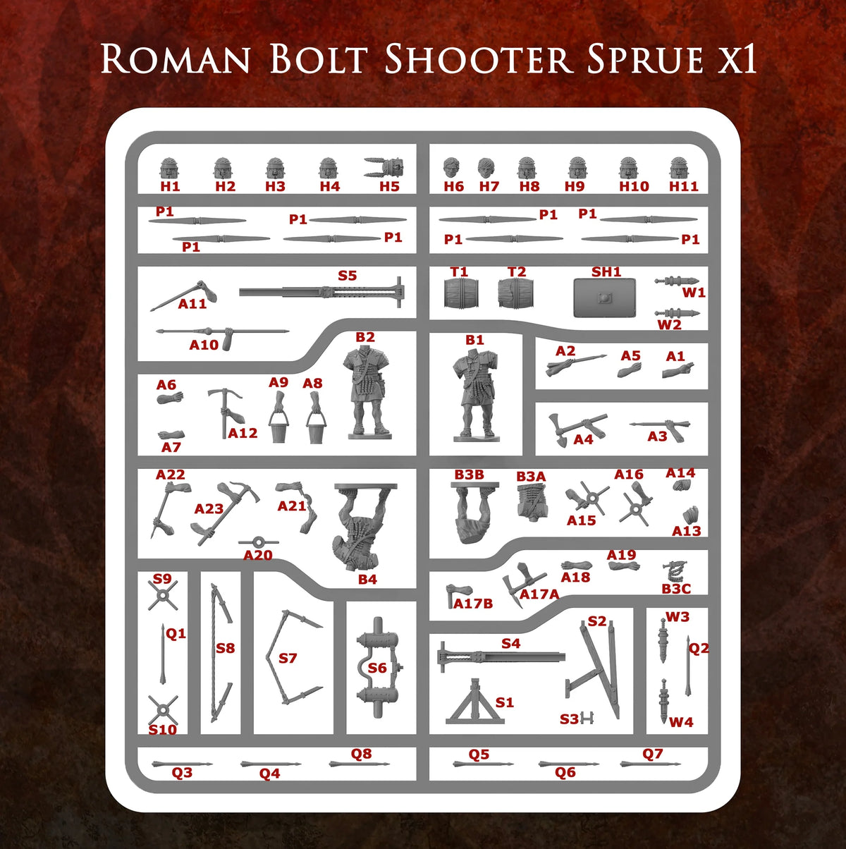 Gray plastic sprue layout showing Victrix 28mm Imperial Roman bolt shooter parts and crew figures 