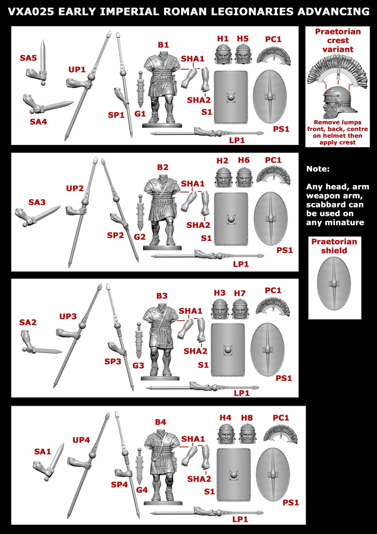 Official parts and assembly instructions diagram for Victrix 28mm Imperial Roman advancing legionaries 