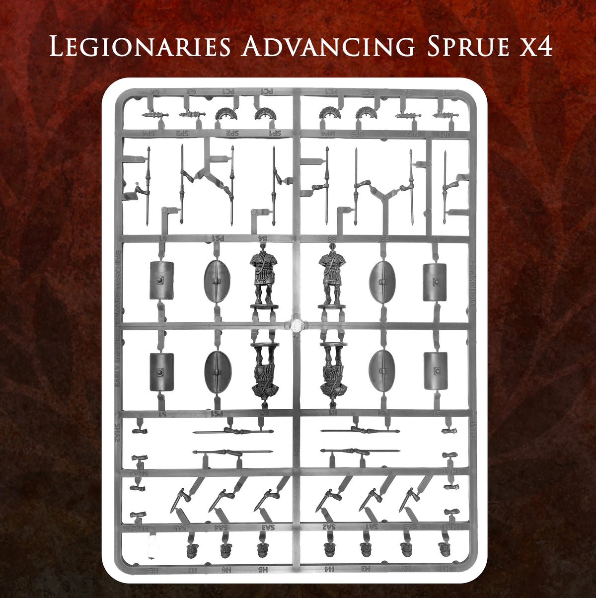 Gray plastic sprue showing Victrix 28mm Imperial Roman legionaires advansing weapons and armor 