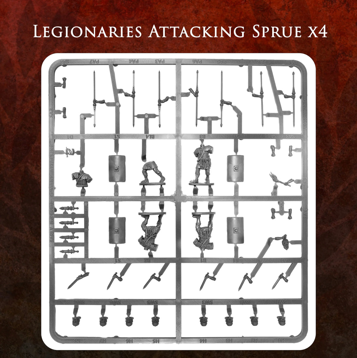 Gray plastic sprue showing Victrix 28mm Imperial Roman legionaires in attacking poses with weapons and armor 