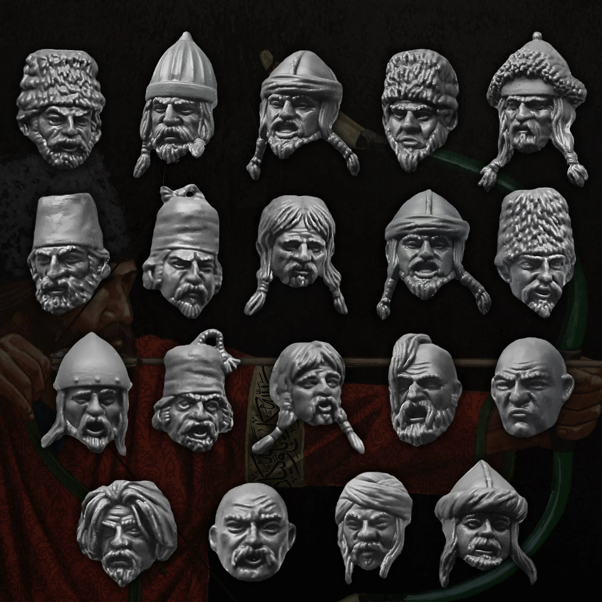 Close-up of twenty unpainted Victrix 28mm Islamic heads depicting Seljuk and Turkoman types