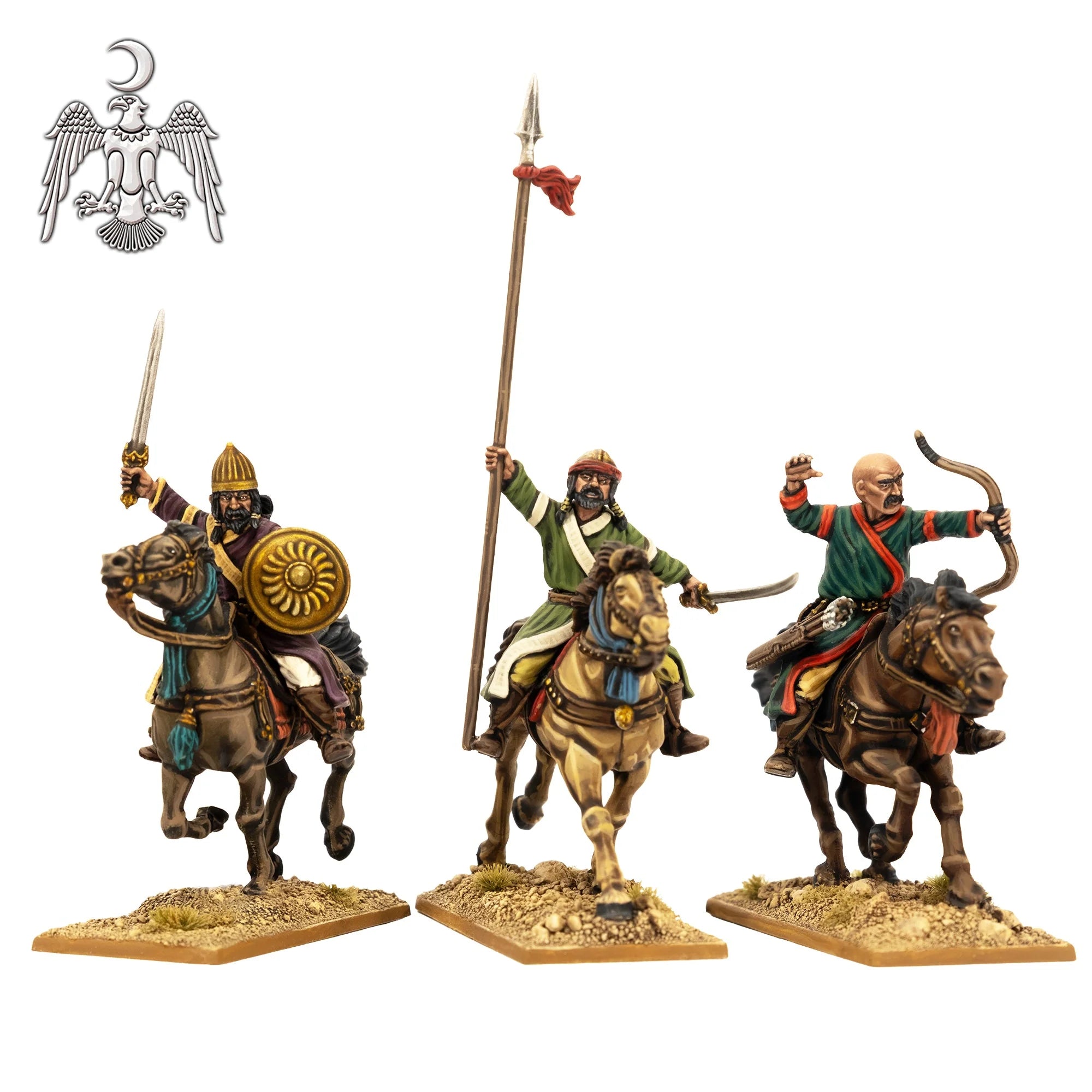 Detailed painting examples of three Victrix 28mm Islamic Horse Archers with bows and swords
