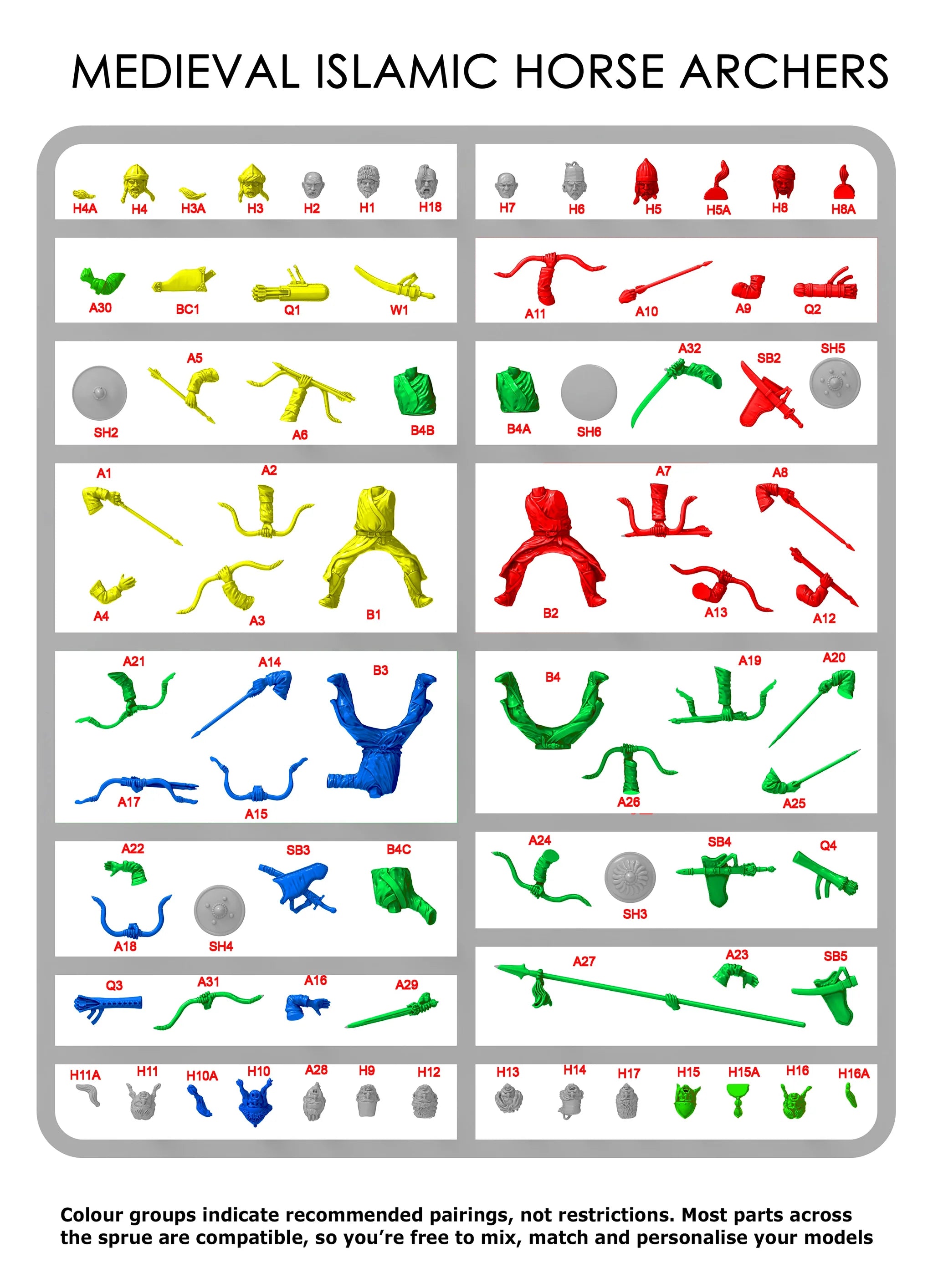 Color-coded parts configuration sheet for individual Victrix 28mm Islamic horse archers