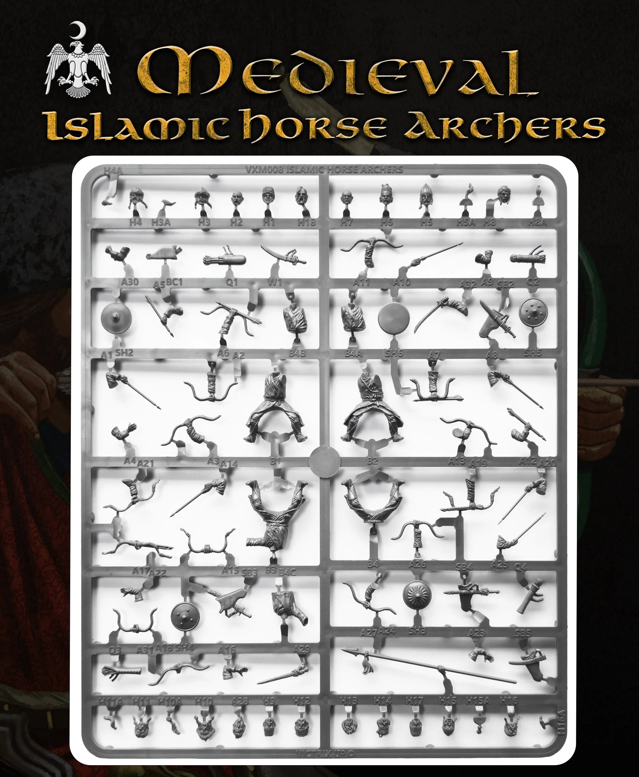 High-detail plastic rider sprue for Victrix 28mm Islamic Horse Archers showing weapon arms