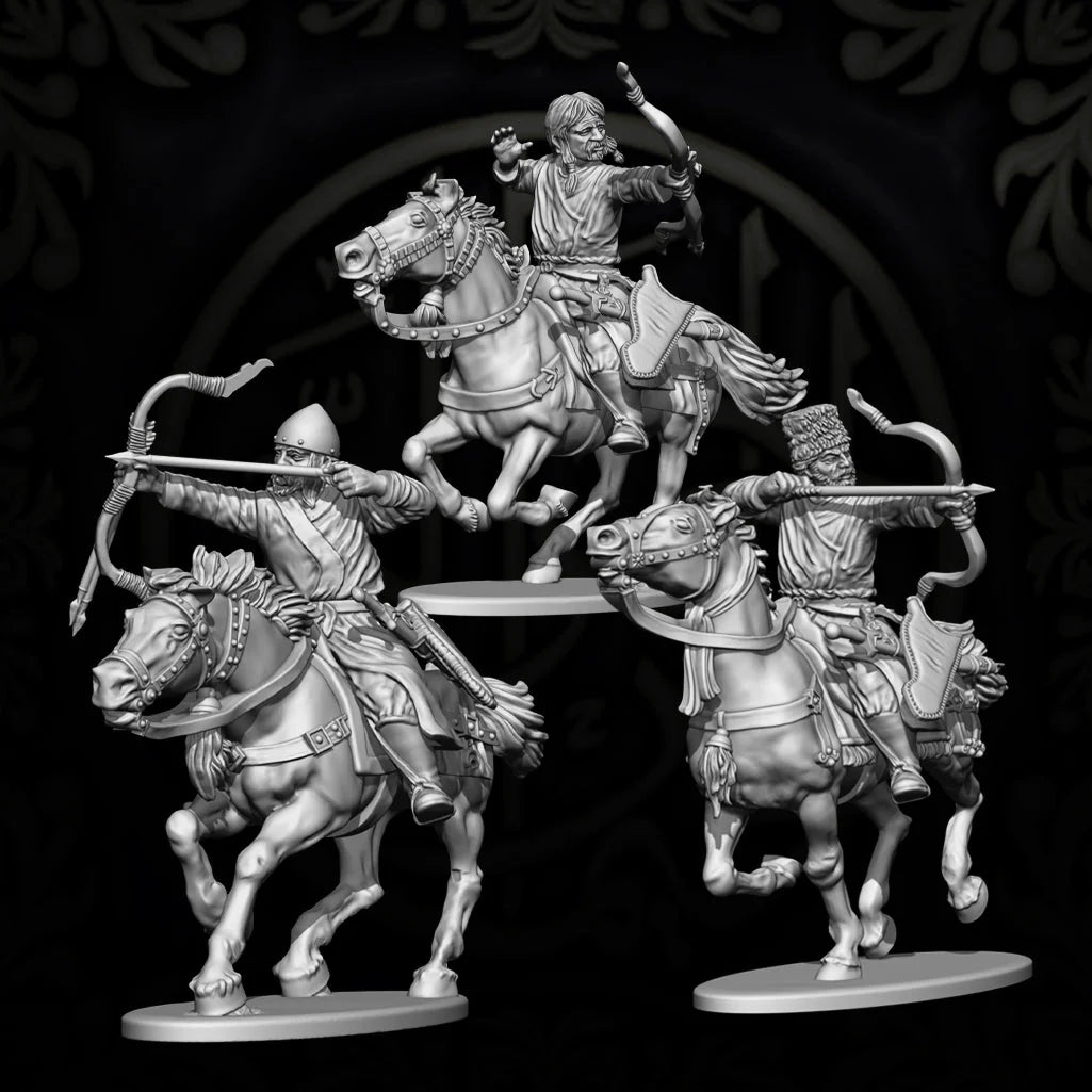 3D digital renders of unpainted Victrix 28mm Islamic Horse Archers showing dynamic poses