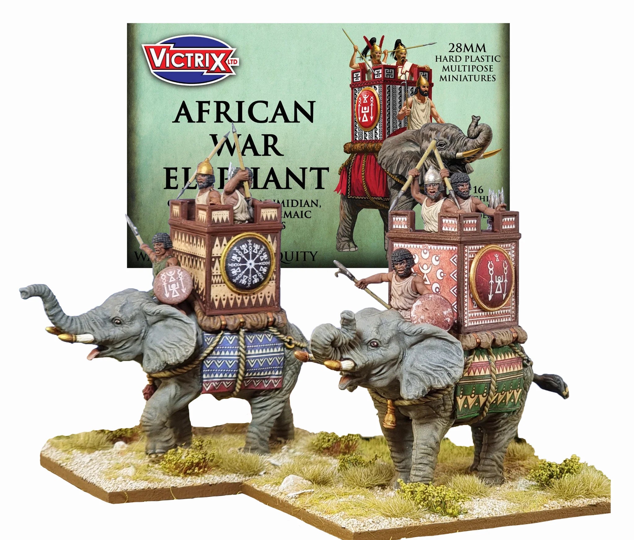 Victrix Limited 28mm African War Elephant header card art showing elephant with crew and completed exmples.