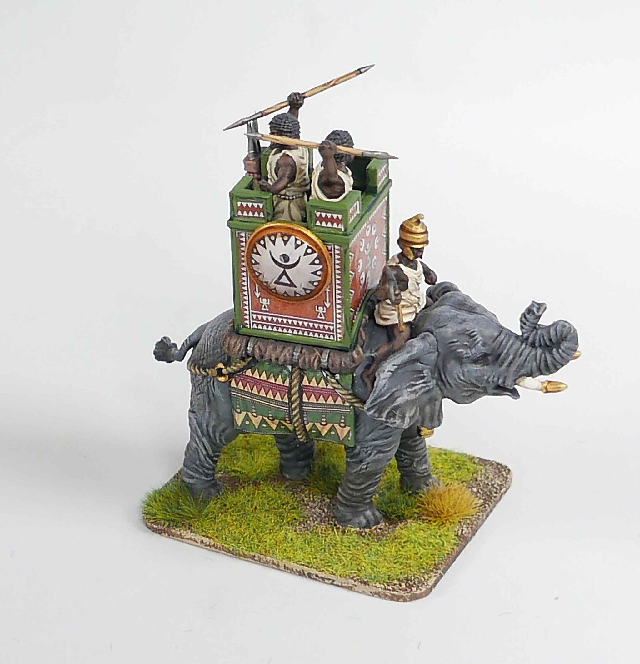 Detailed view of painted Victrix 28mm African Elephant with Carthaginian crew and howdah