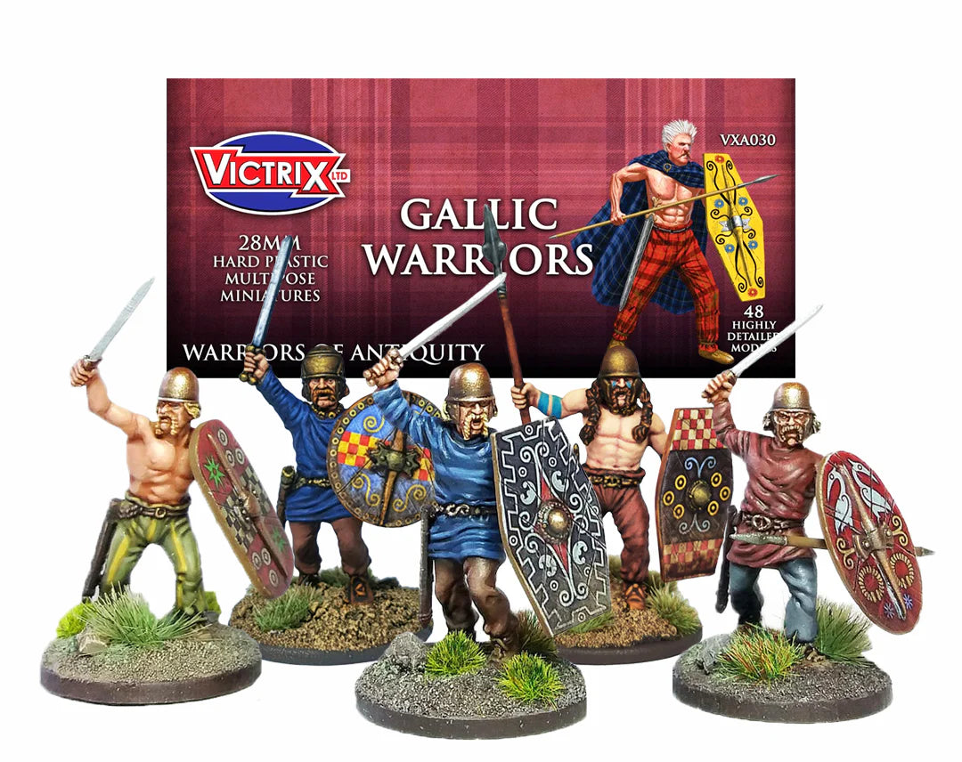 Victrix Limited 28mm Gallic Warriors header card art showing warriors in dynamic poses