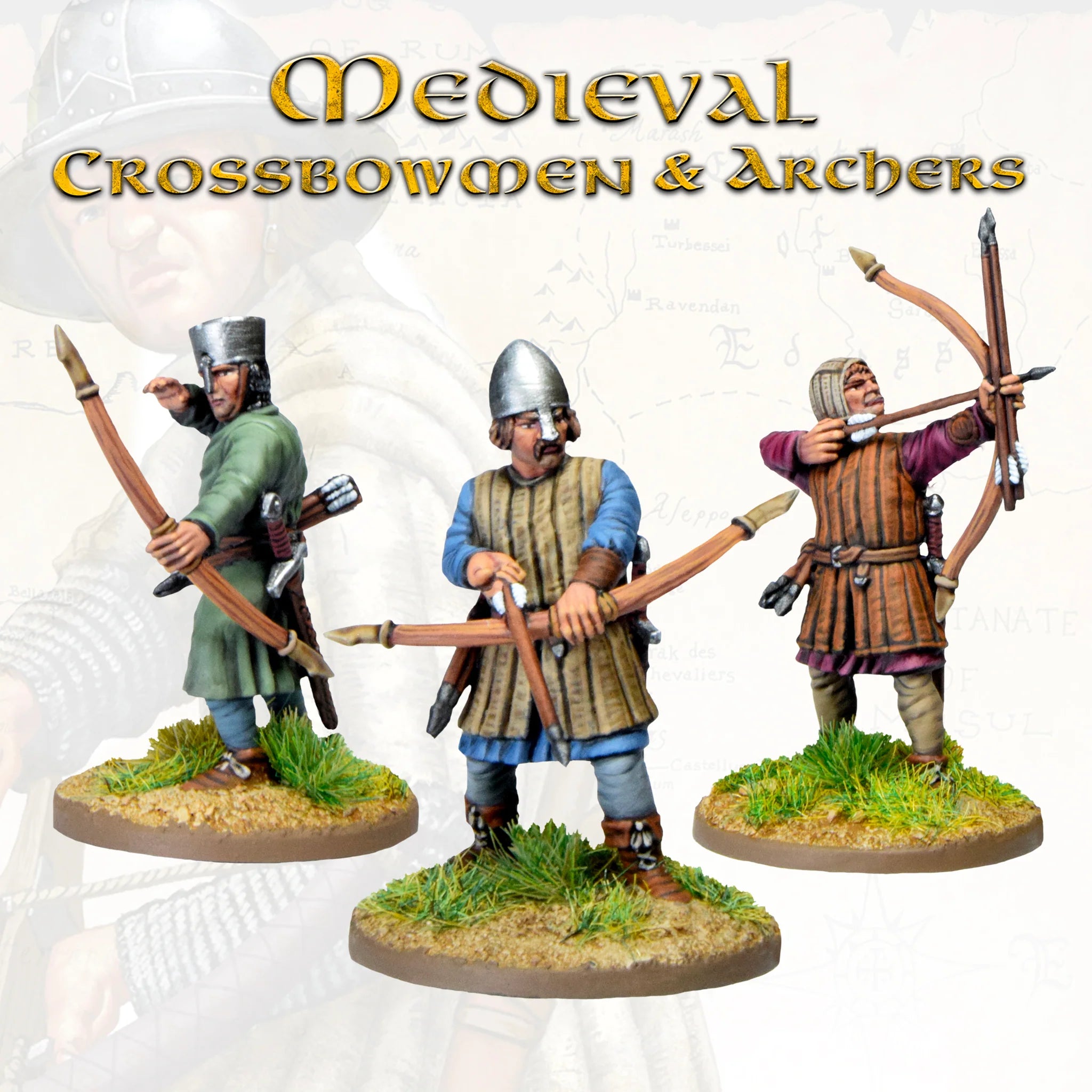 Close-up view of three painted Victrix 28mm medieval archers dressed in protective padded gambesons