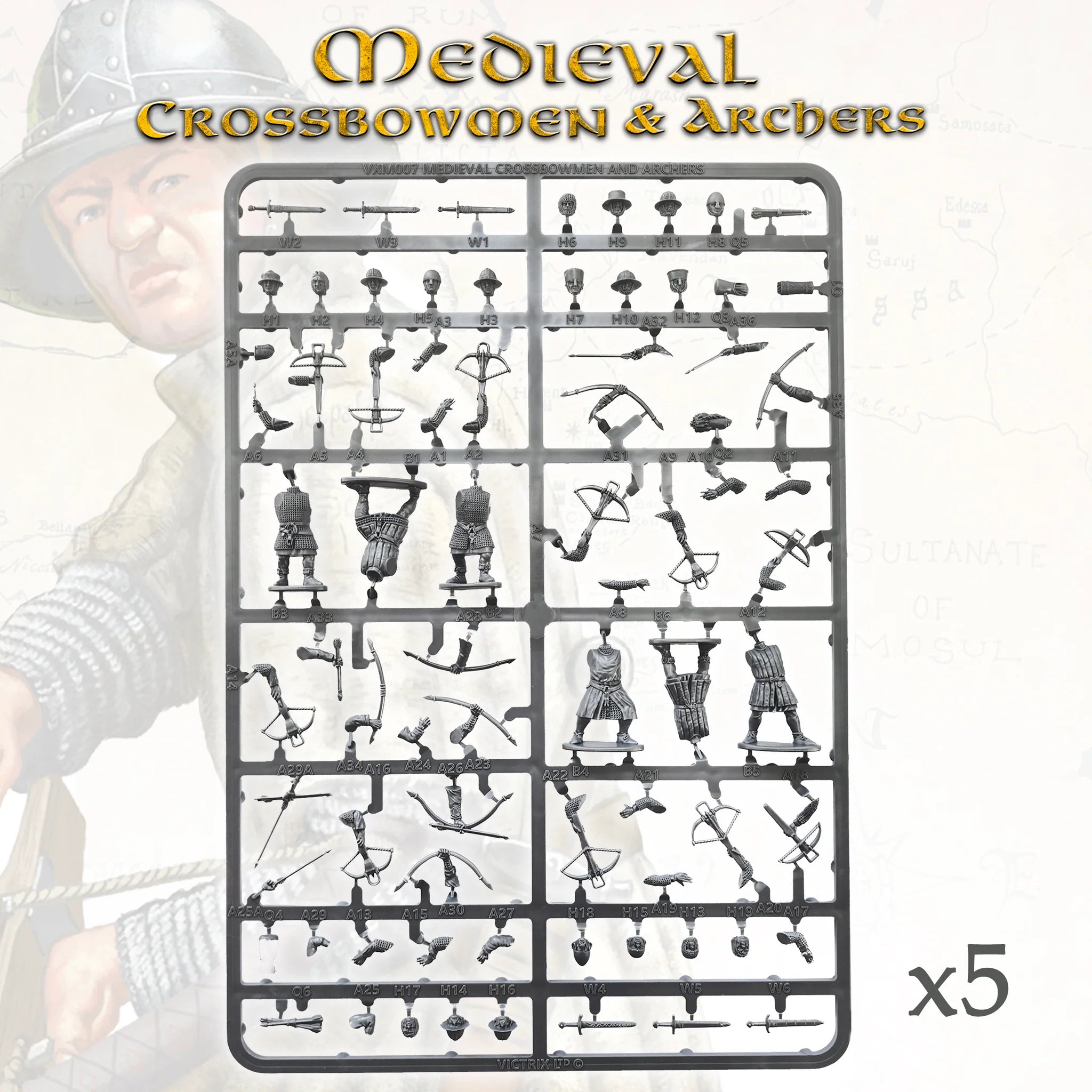 Full unpainted hard plastic sprue for Victrix 28mm Medieval Crossbowmen showing weapon components