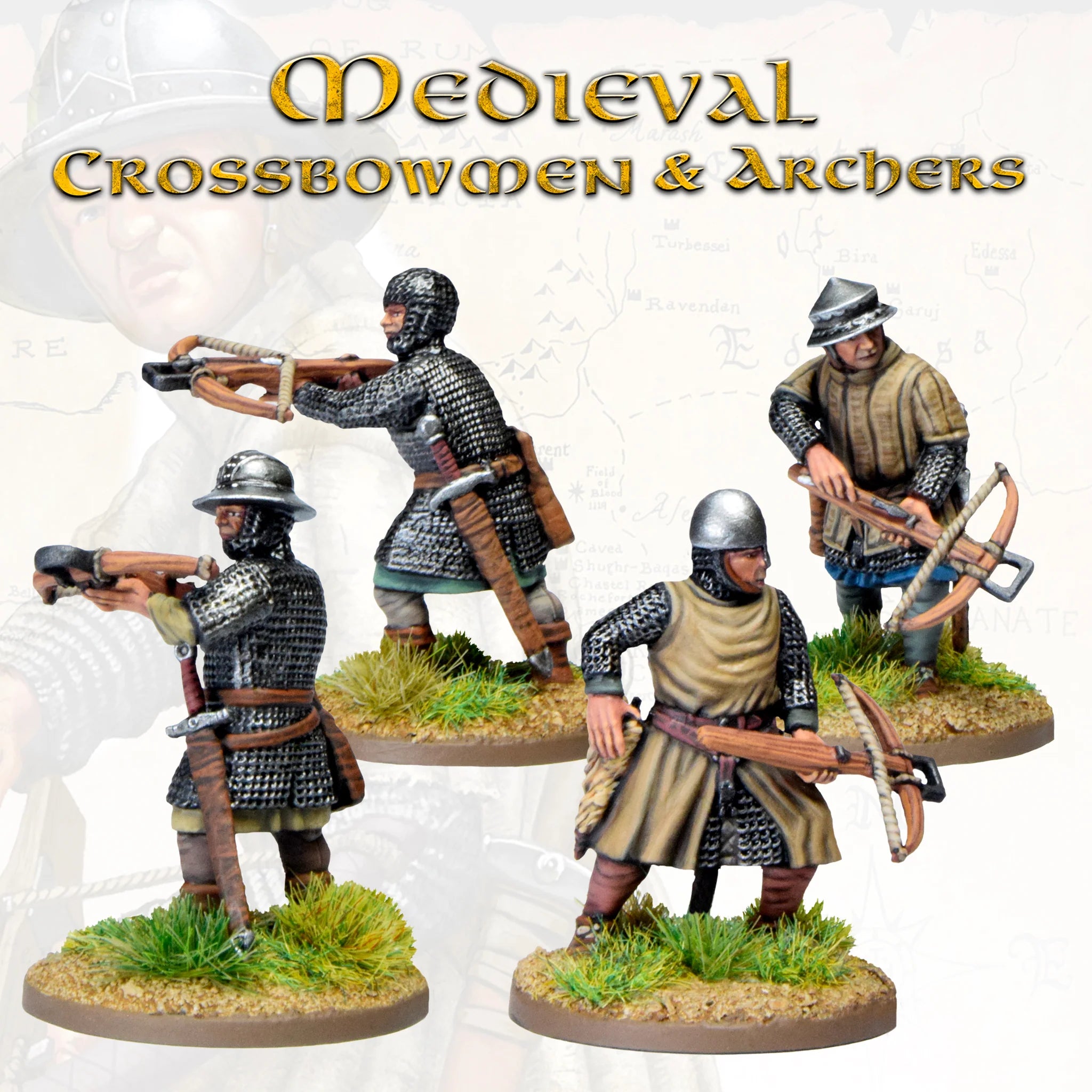 Close-up view of four painted Victrix 28mm medieval crossbowmen wearing iron helmets and chainmail