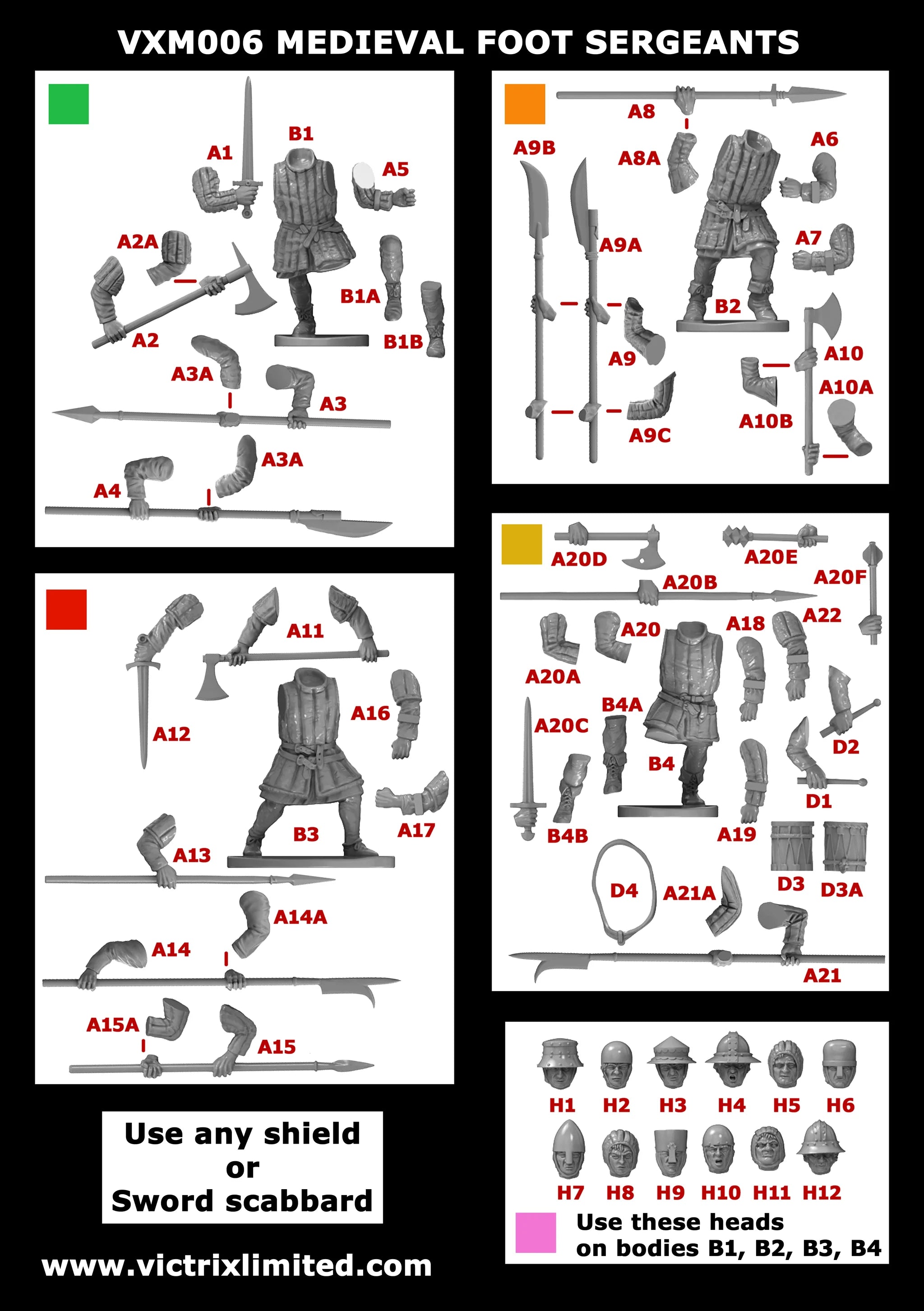 Assembly Color Code Victrix Ltd Medieval Foot Sergeants 28mm scale medieval miniatures