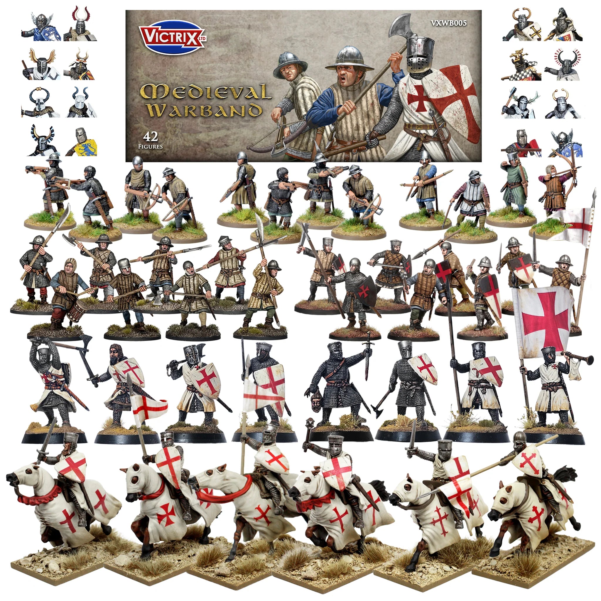 Full set contents of Victrix 28mm Medieval Warband showing 42 painted figures