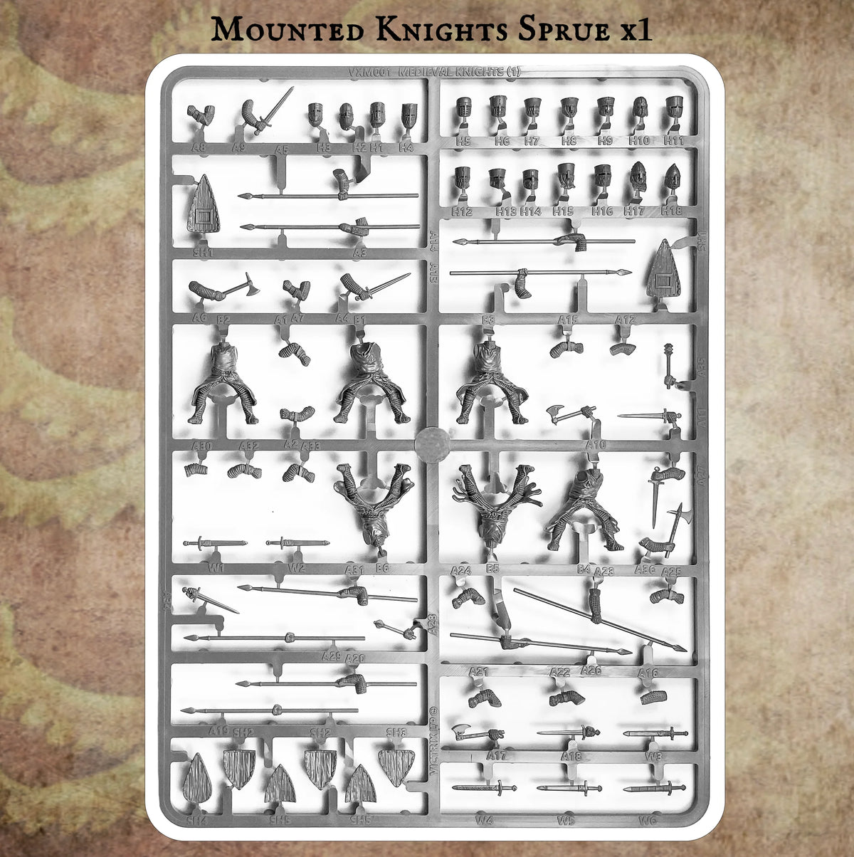 Victrix Medieval Warband unpainted gray plastic mounted knights rider sprue with lances and broadswords