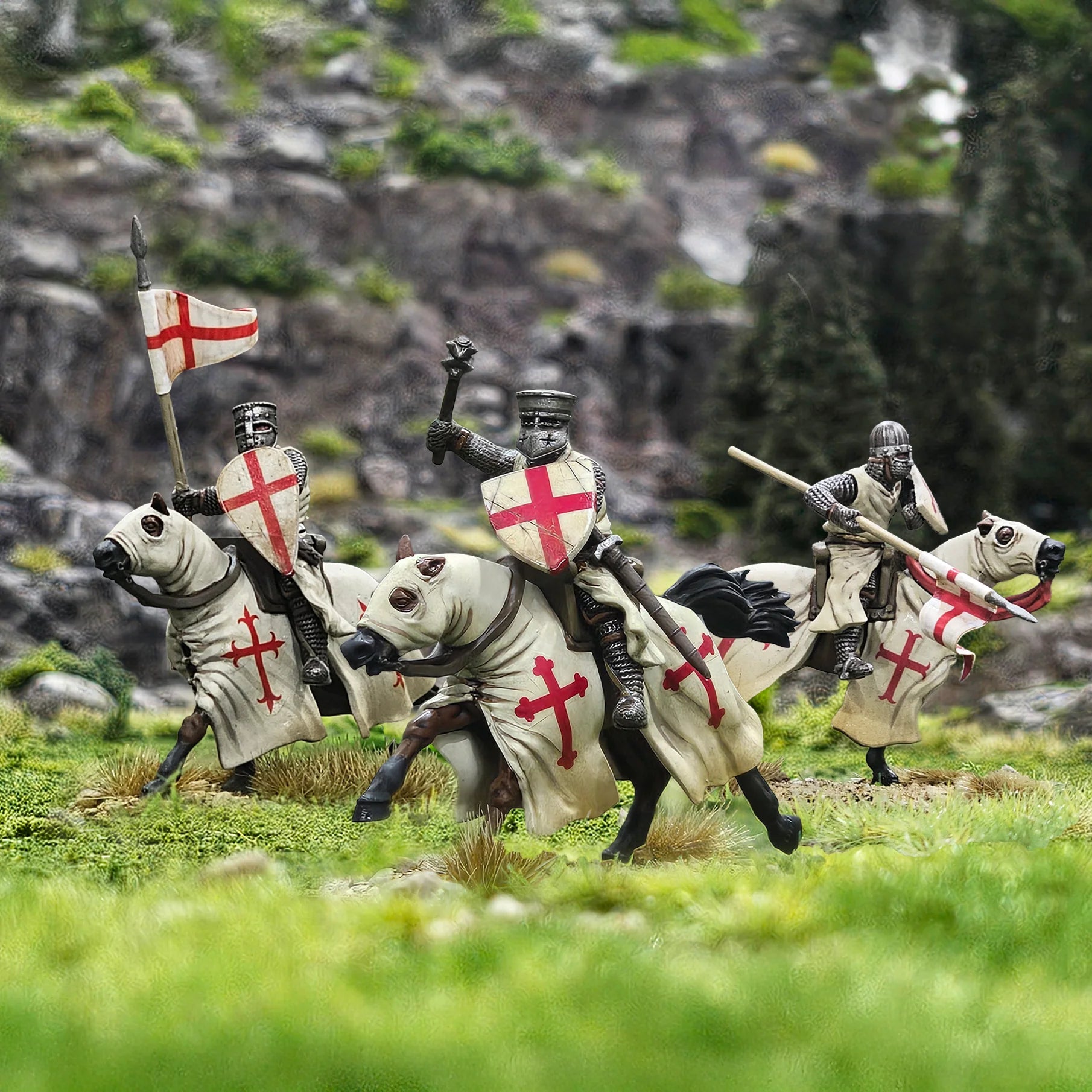Three painted Victrix 28mm Templar mounted knights charging