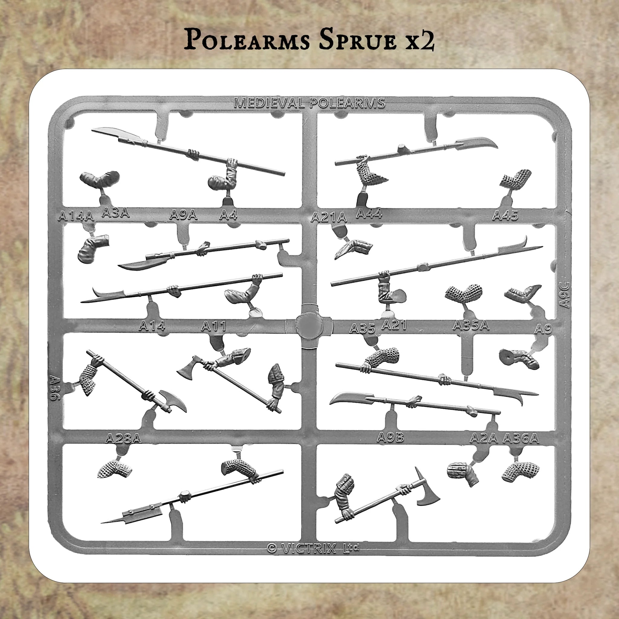 Unpainted gray plastic polearm sprue for Victrix 28mm Medieval Warband infantry