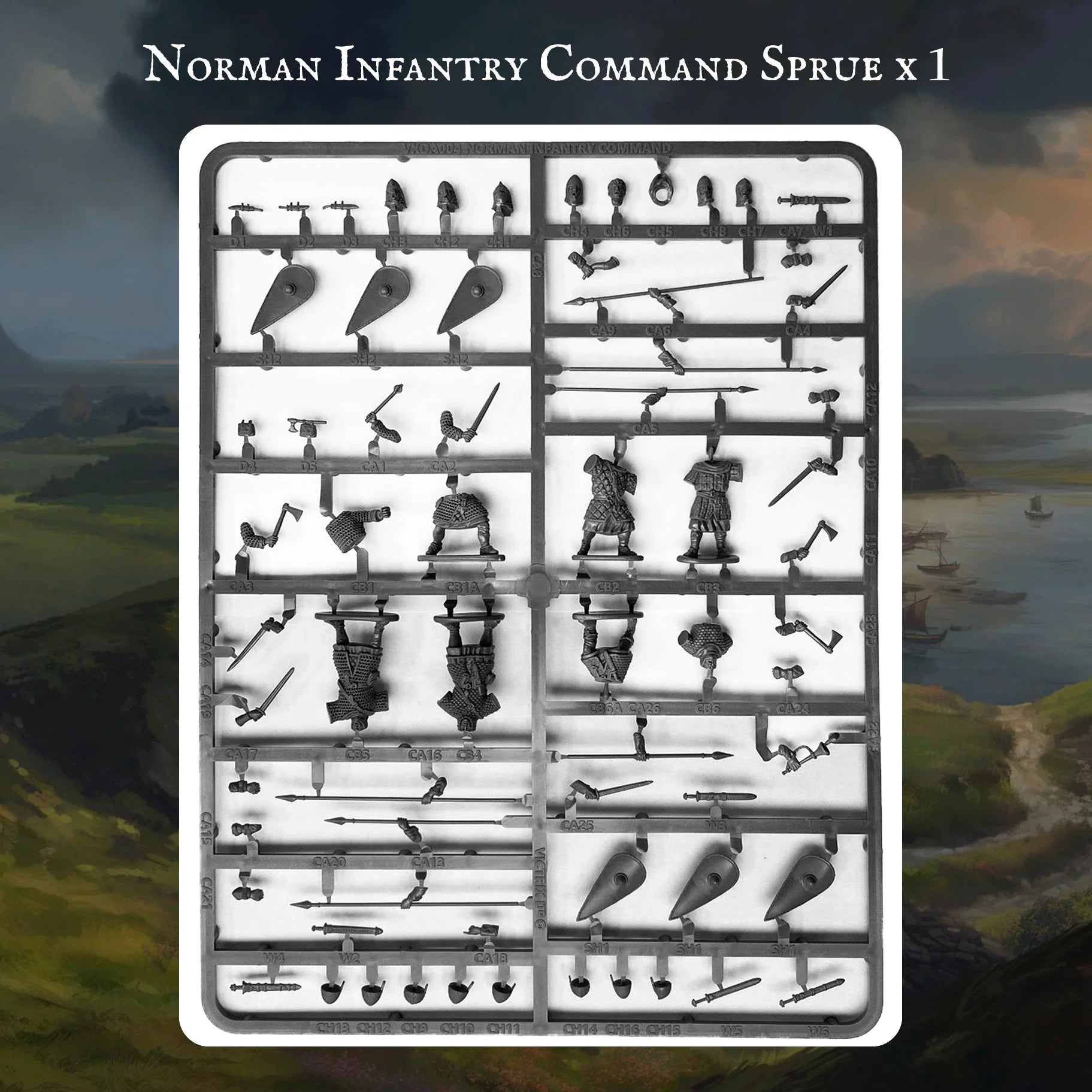 Victrix Norman Command Frame plastic sprue showing warlord bodies and standard bearer options
