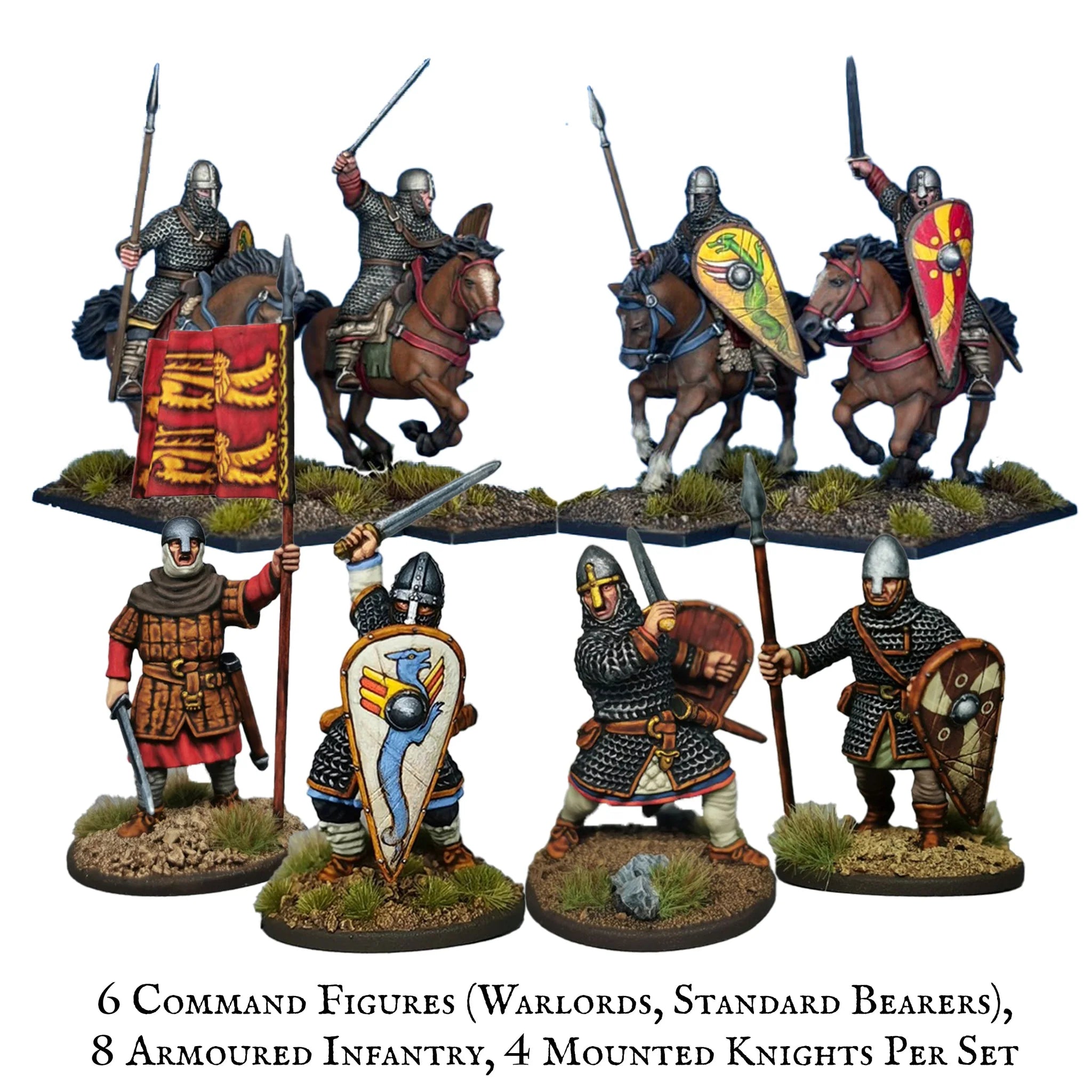 Painted Victrix 28mm Norman Mounted Knights with detailed kite shield transfers