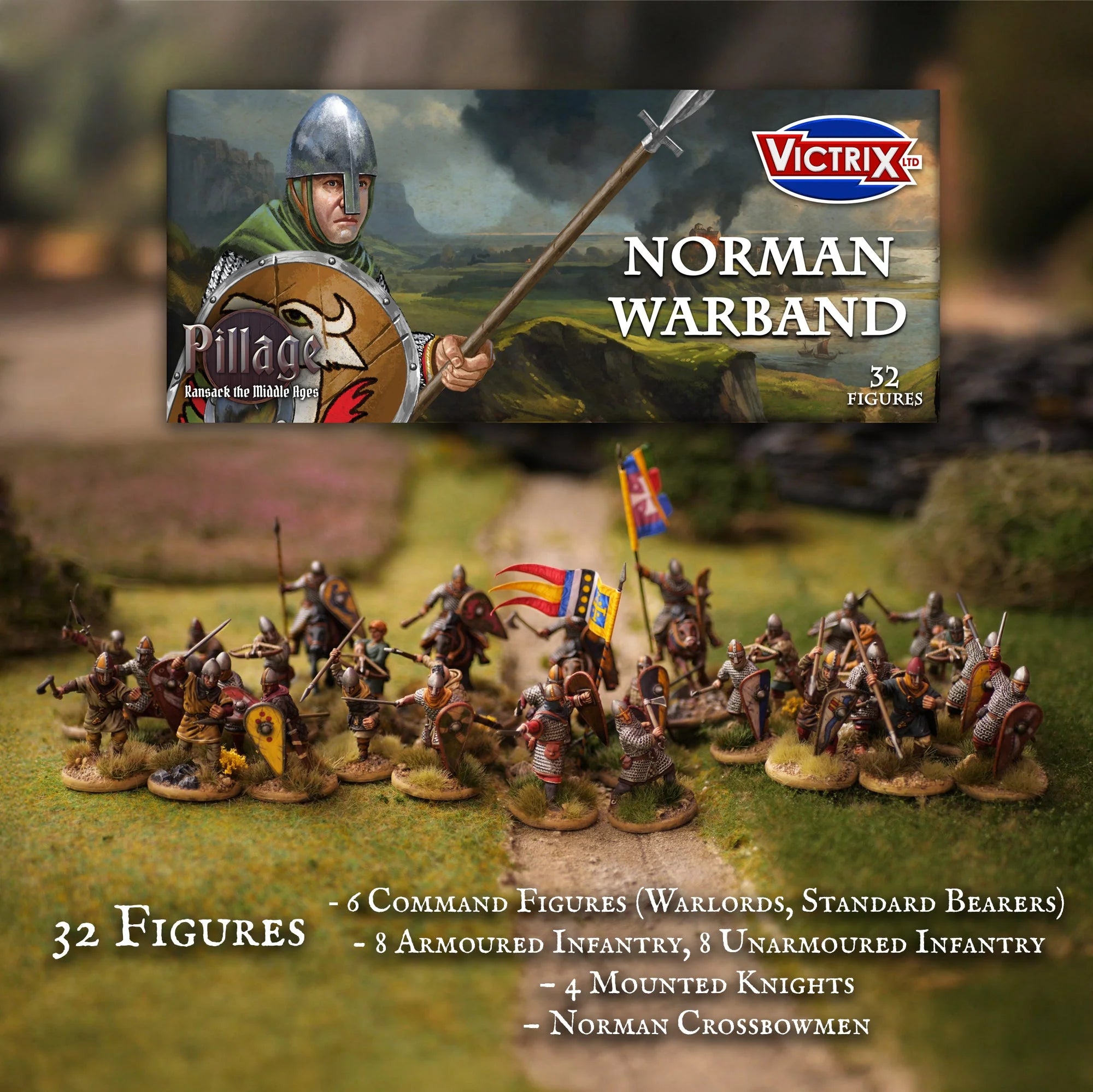 Full painted Norman Warband featuring knights, infantry, and crossbowmen on a battlefield tabletop