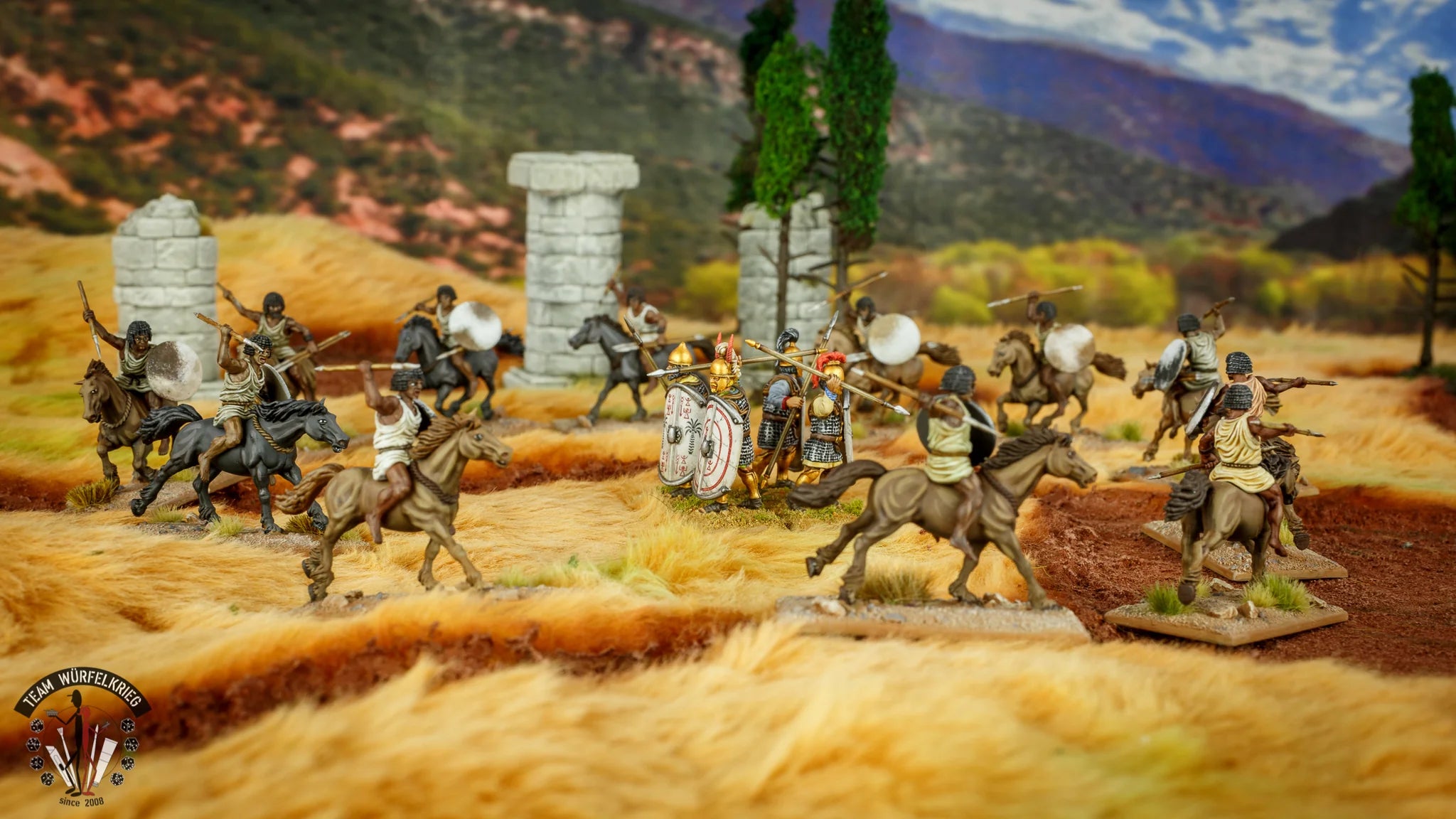 Skirmishing line of painted Victrix 28mm Numidian light horsemen circling Romans