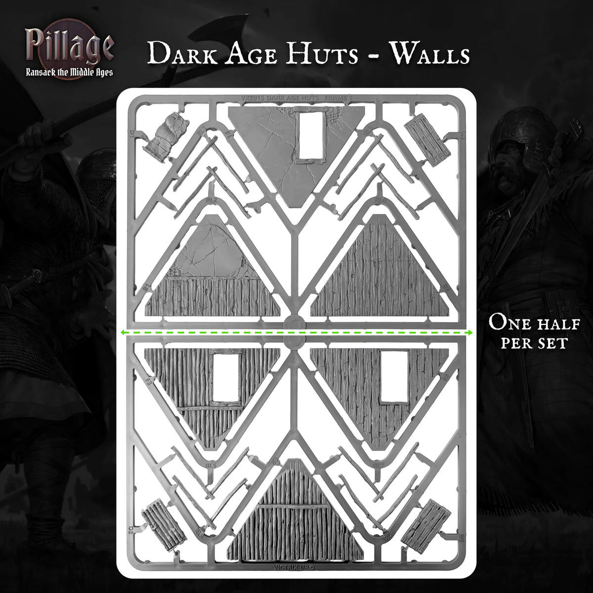 Gray plastic terrain frame showing detailed wood plank wall sections and door for Dark Age huts 