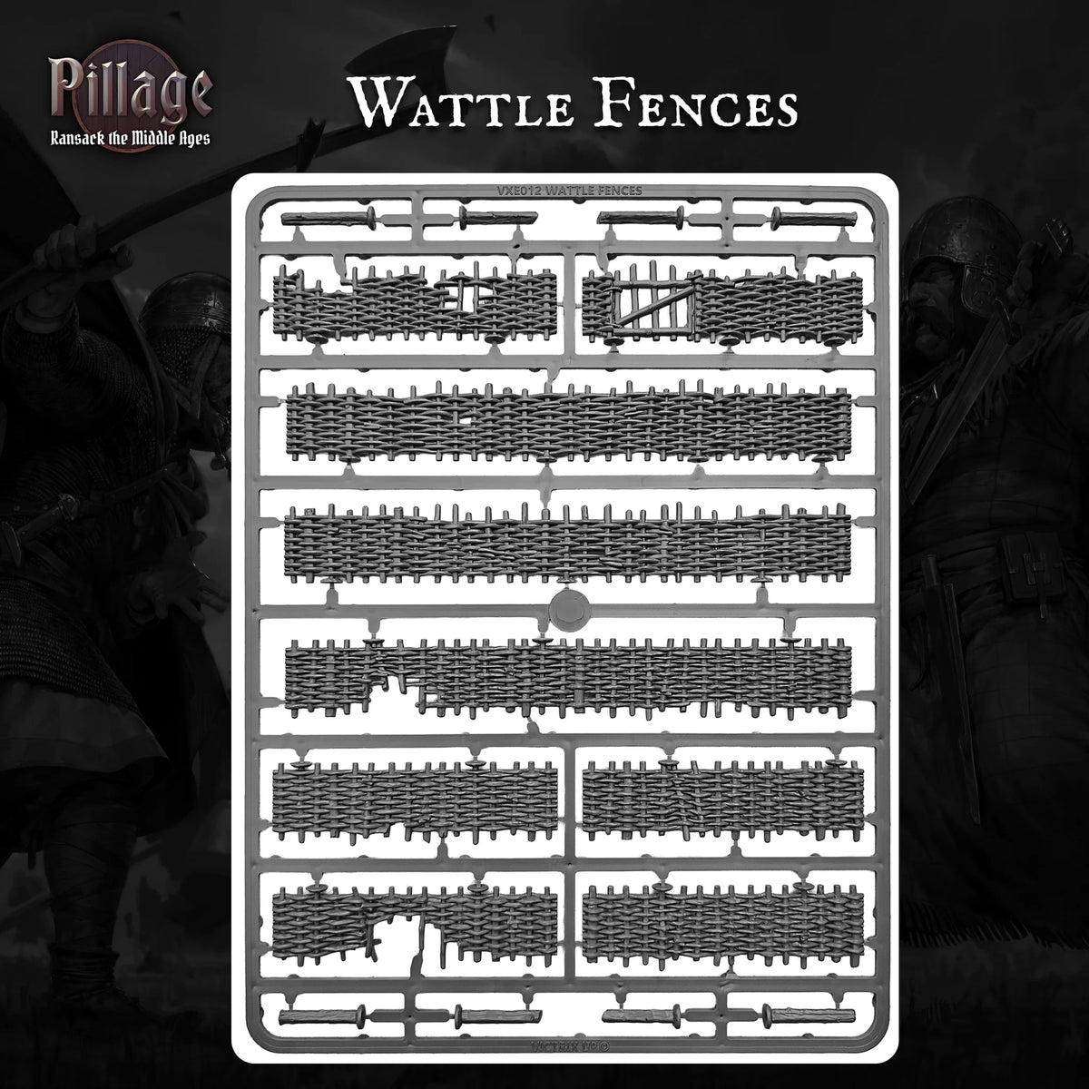 Gray plastic terrain sprue of modular woven wattle fences and swinging farm gate for 28mm wargames 