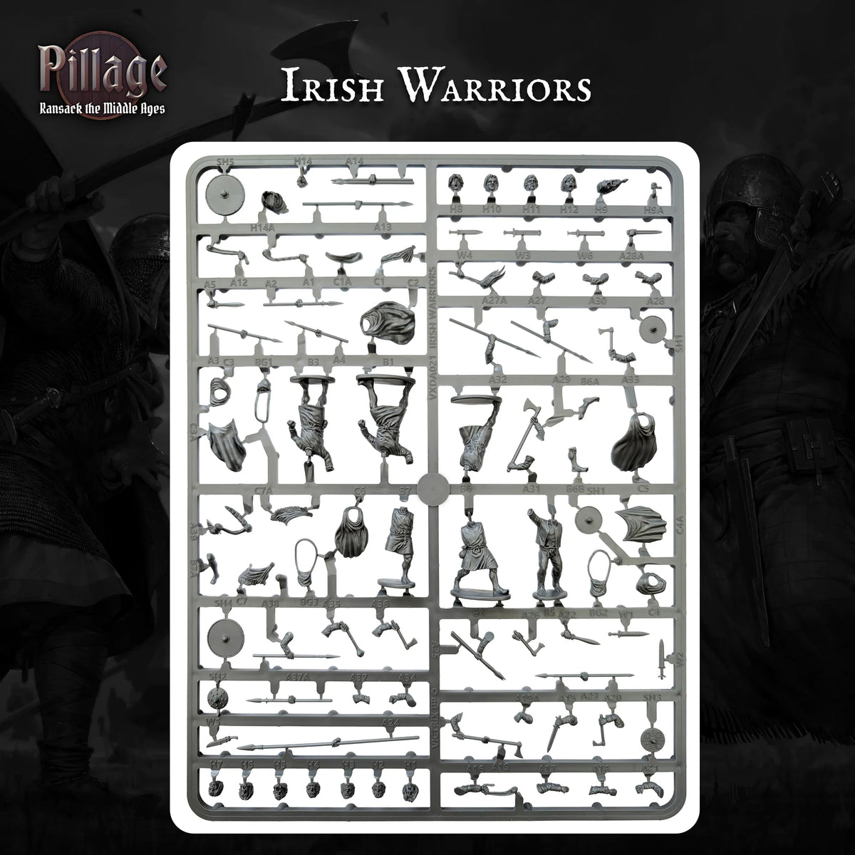 Gray plastic sprue layout containing six multi-part Victrix 28mm Gaelic Irish warriors javelins and axes 