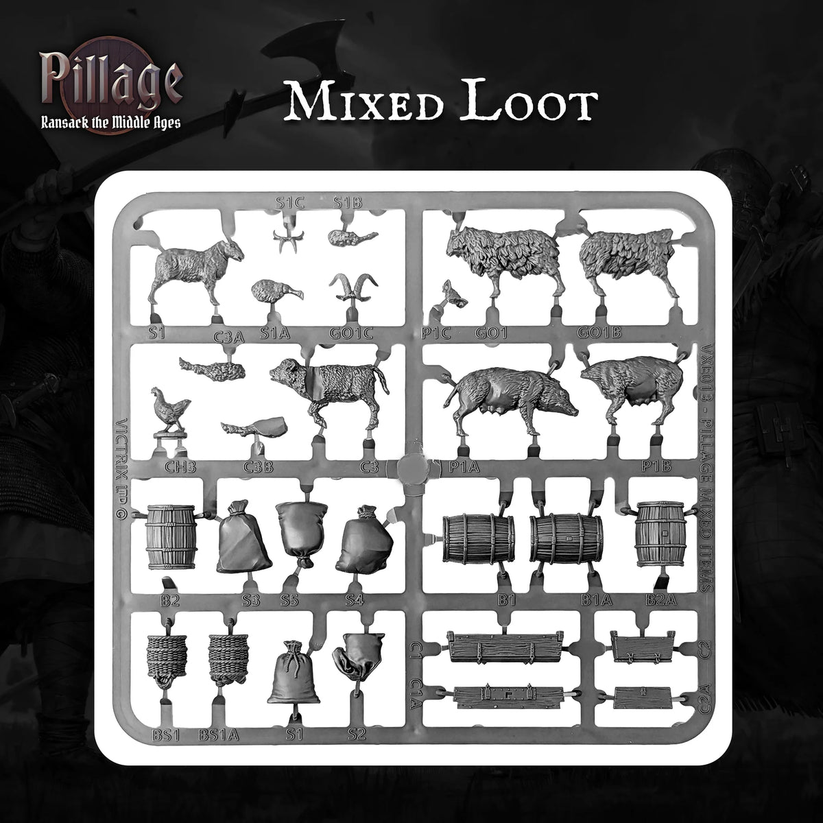 Plastic sprue showing Pillage loot objectives including cattle sheep pigs chicken barrels and chests 