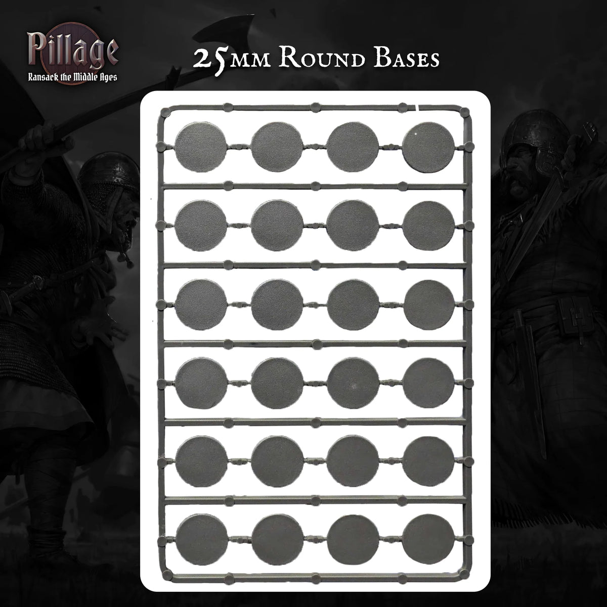 Sprue frame of 25mm round plastic wargaming bases for Victrix Pillage miniatures 