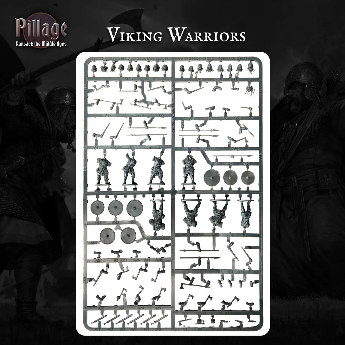 Gray plastic sprue layout containing eight multi-part Victrix 28mm Viking warriors weapons and round shields 