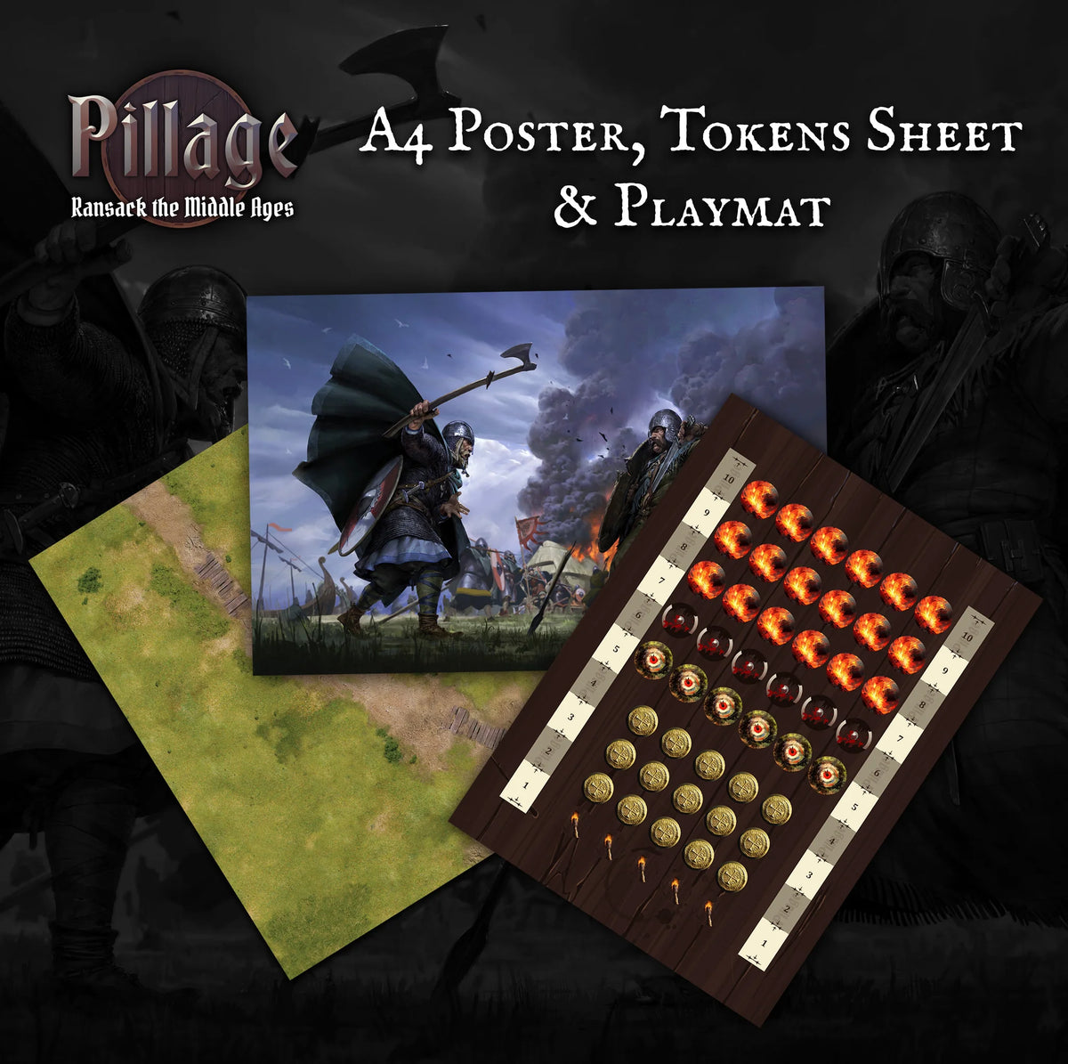 Victrix Pillage double-sided playmat cardboard token sheet with fire markers and A4 art poster 