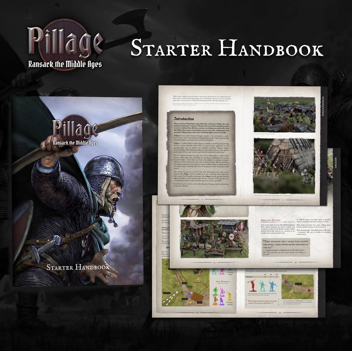 Open 50-page A4 starter handbook for Victrix Pillage showing Dark Age history scenarios and game rules 