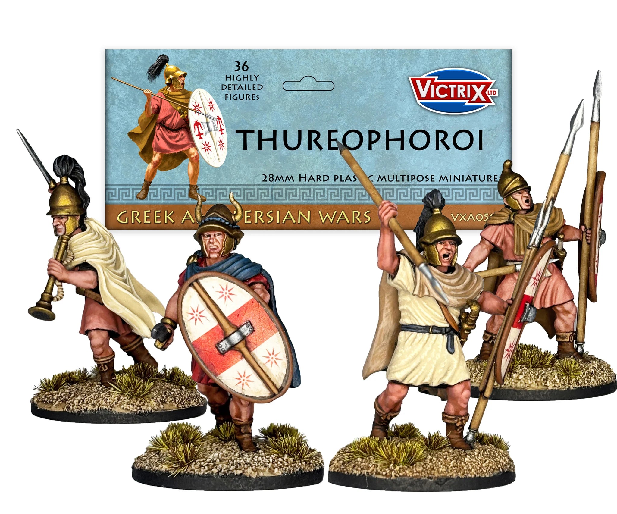 Victrix Limited 28mm Thureophoroi header card art showing warriors with oval thureos shields