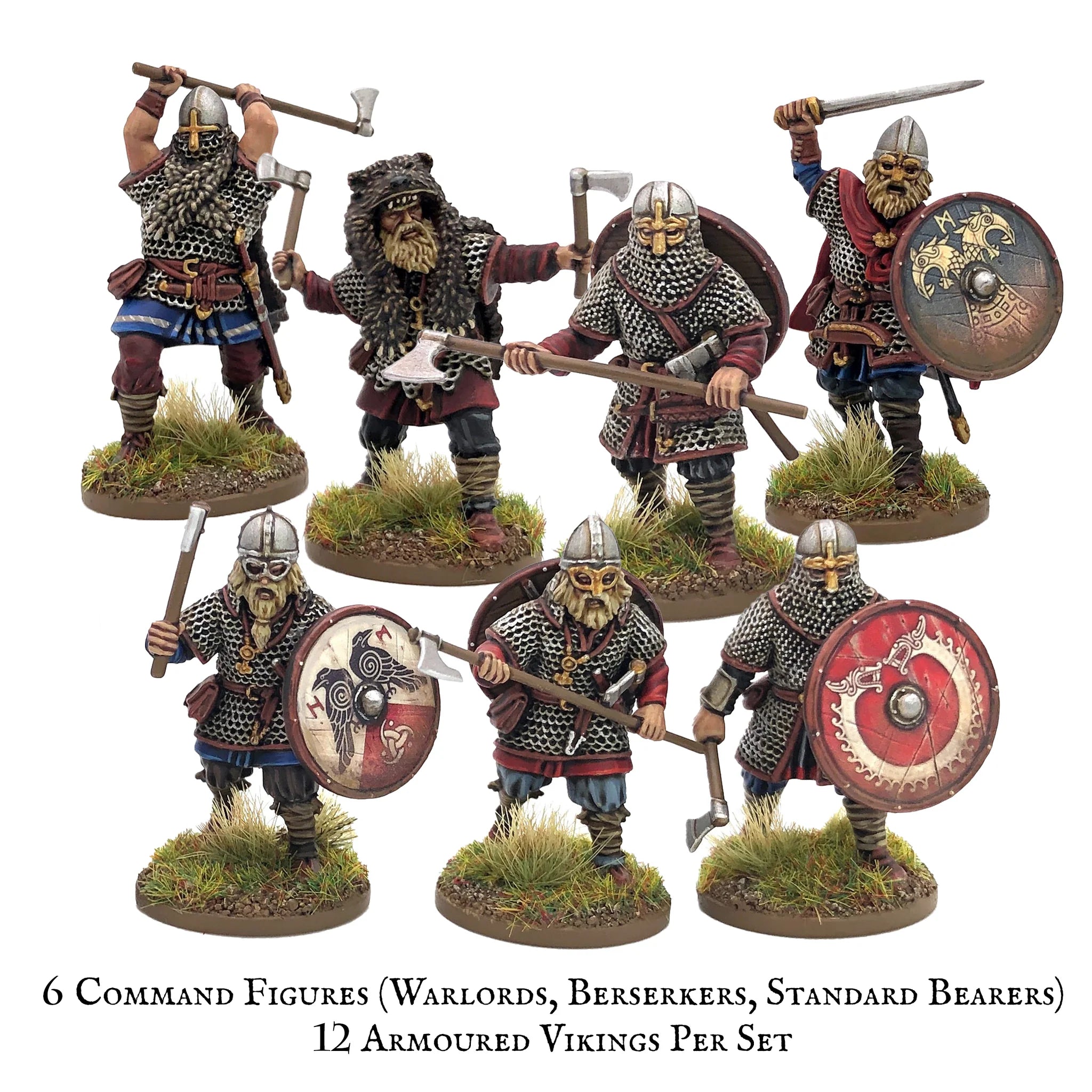 Group of 6 painted Victrix 28mm Armoured Vikings with detailed shield transfers
