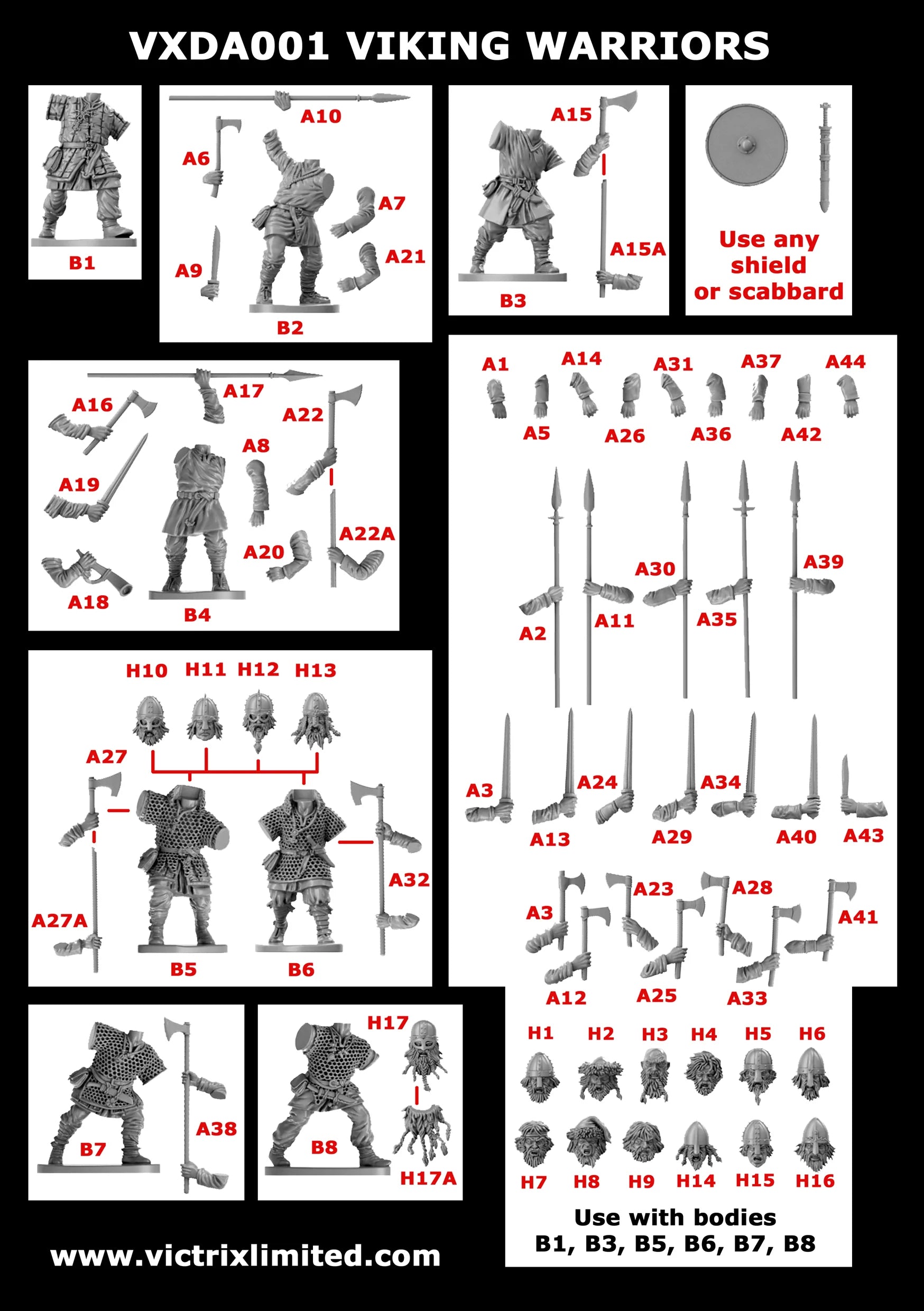 Victrix Viking Warriors assembly guide showing modular armored and unarmored body variants