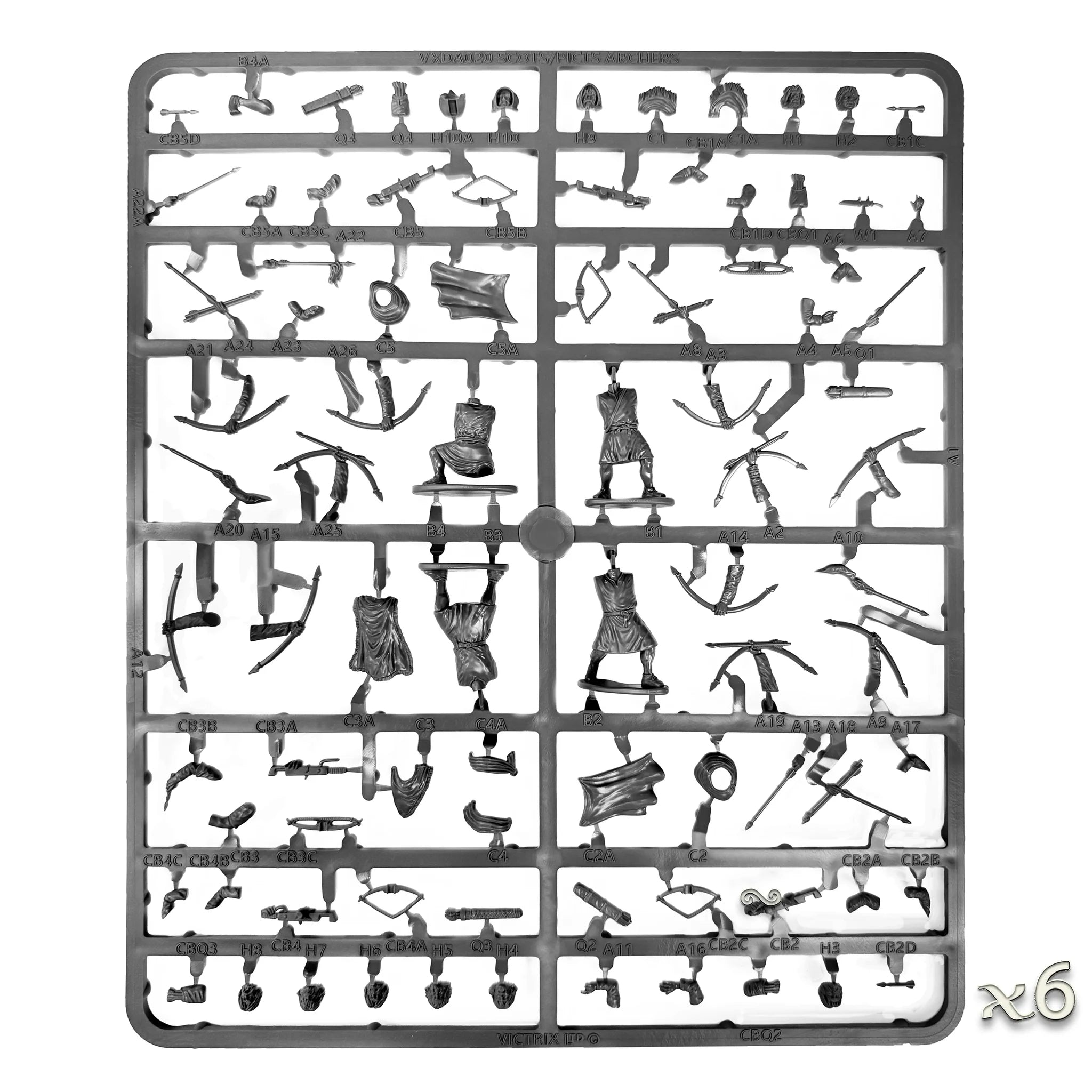Full unpainted hard plastic sprue for Victrix 28mm Scots-Picts Archers showing component breakdown