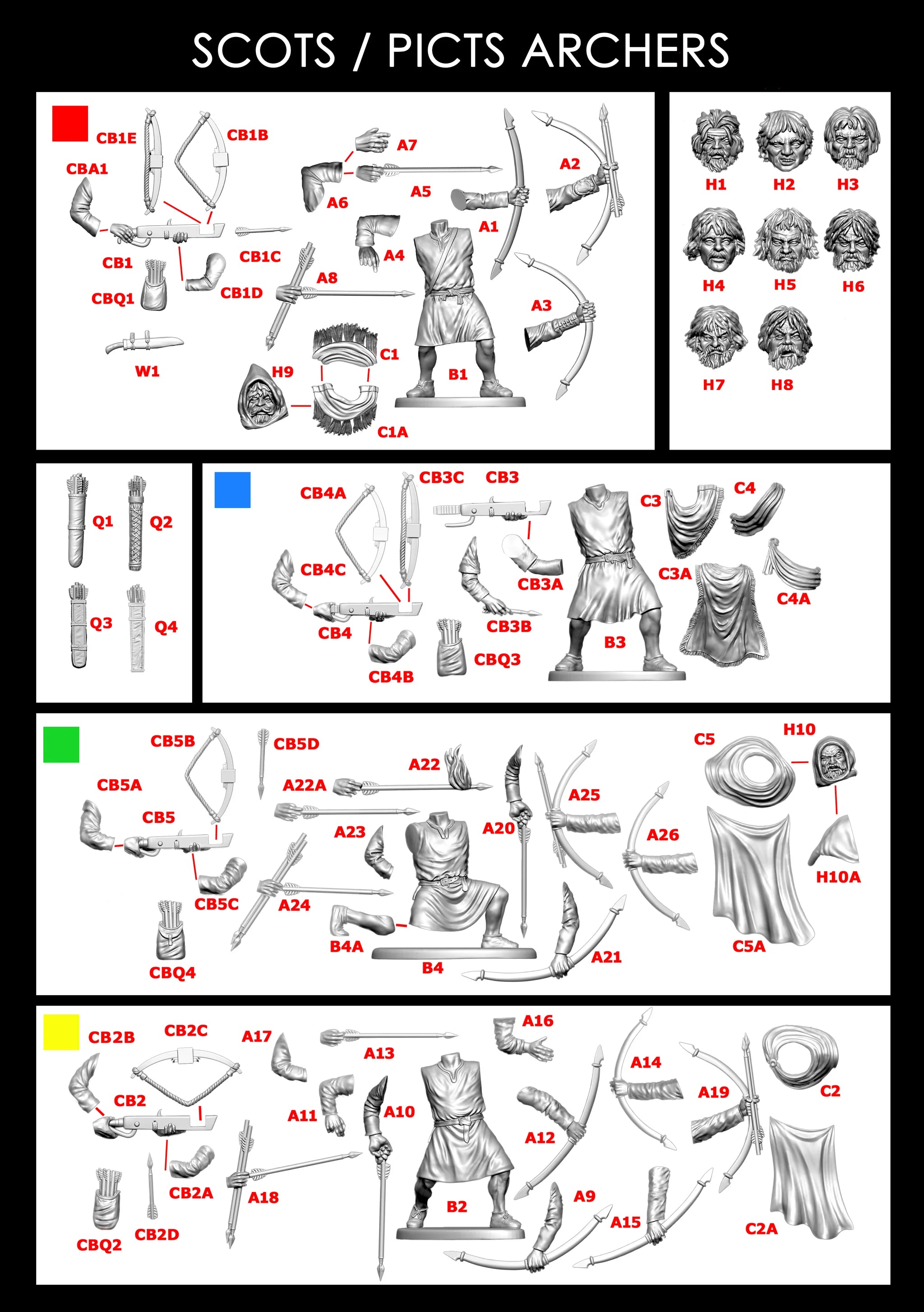 Assembly guide sheet for building Victrix 28mm Scots-Picts archer and crossbowman body positions