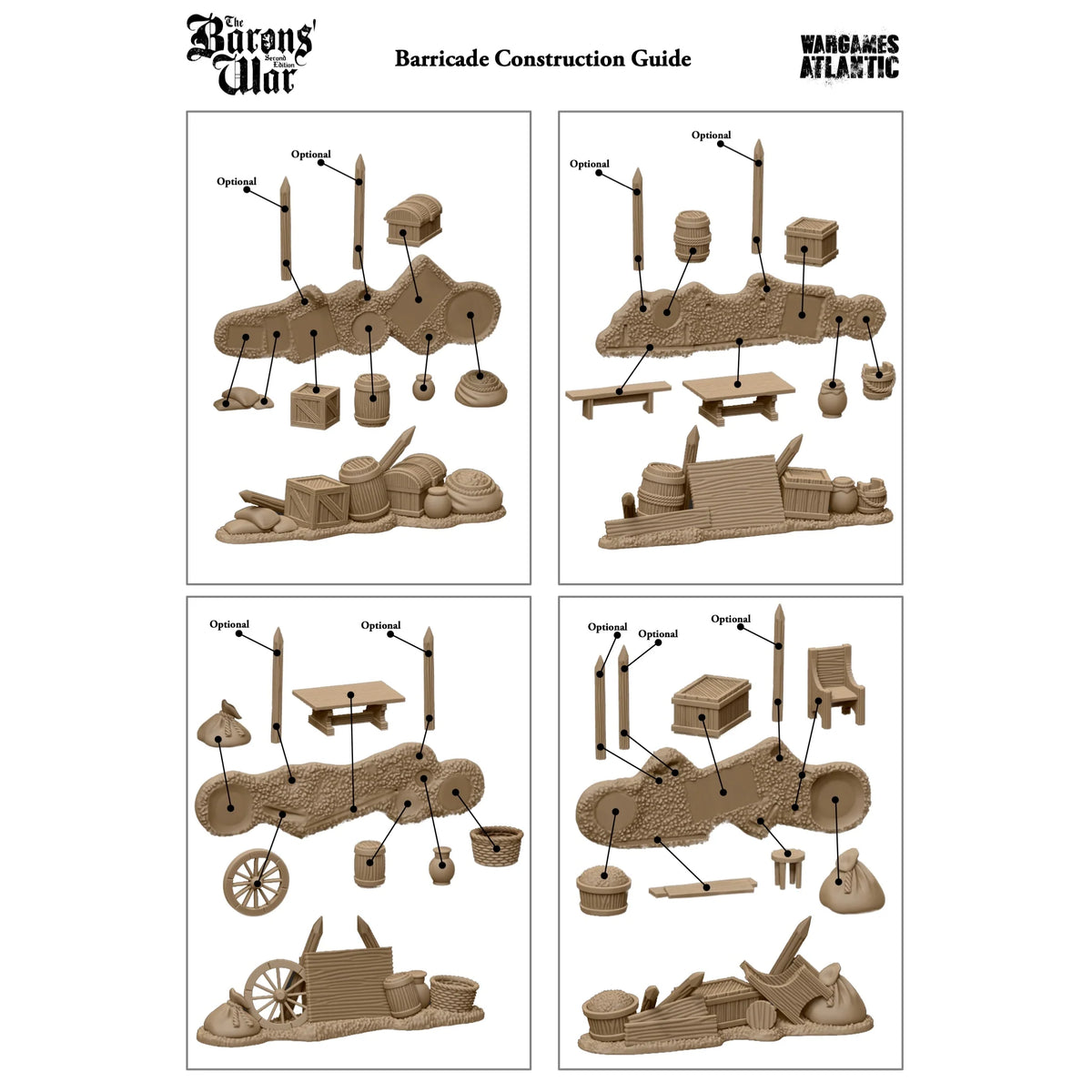 Assembly manual sheet illustrating build options for four modular defensive street barricades 
